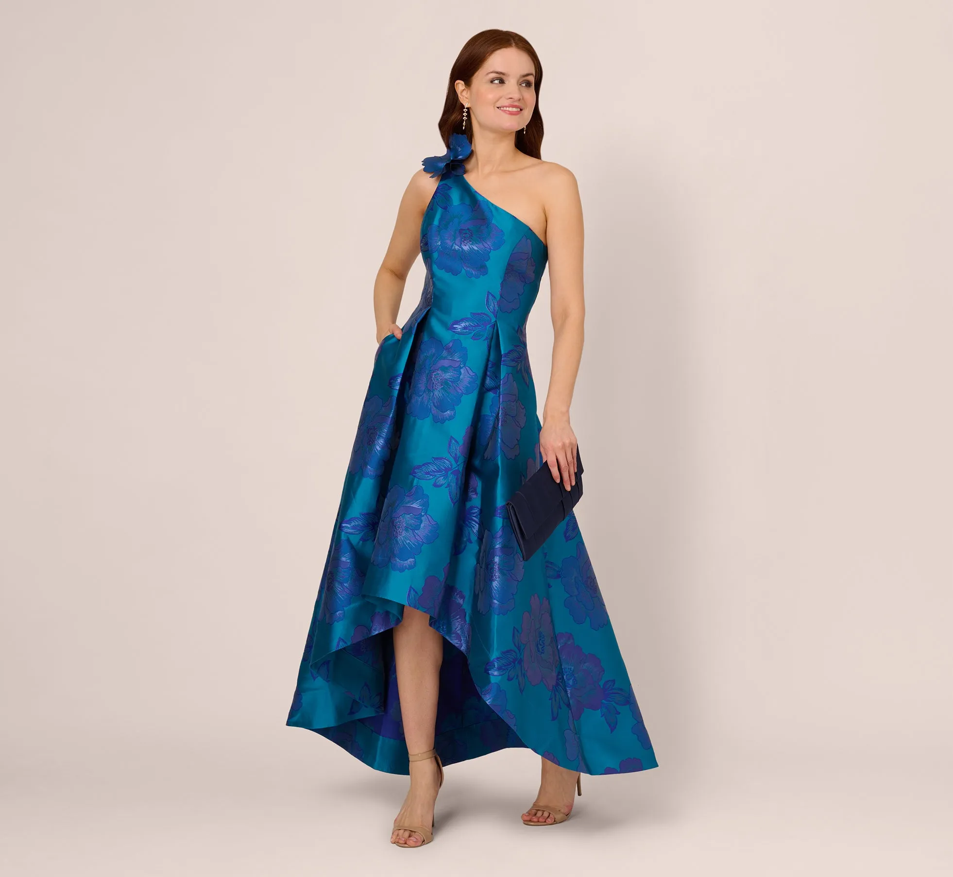 Floral Jacquard One Shoulder High Low Gown With Rosette Accent In Teal Blue sold by Adrianna Papell product image thumbnail 2