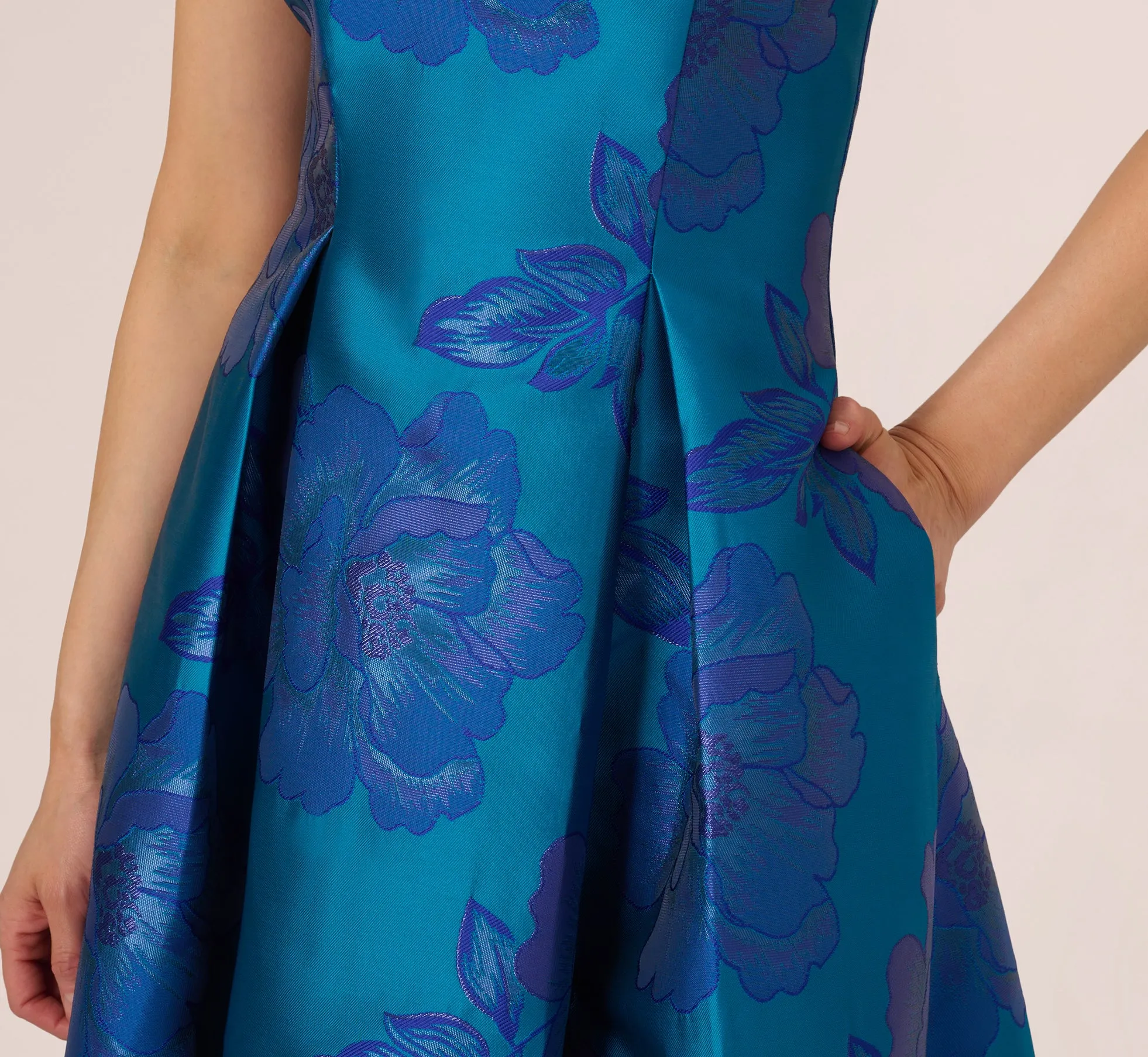 Floral Jacquard One Shoulder High Low Gown With Rosette Accent In Teal Blue sold by Adrianna Papell product image thumbnail 3