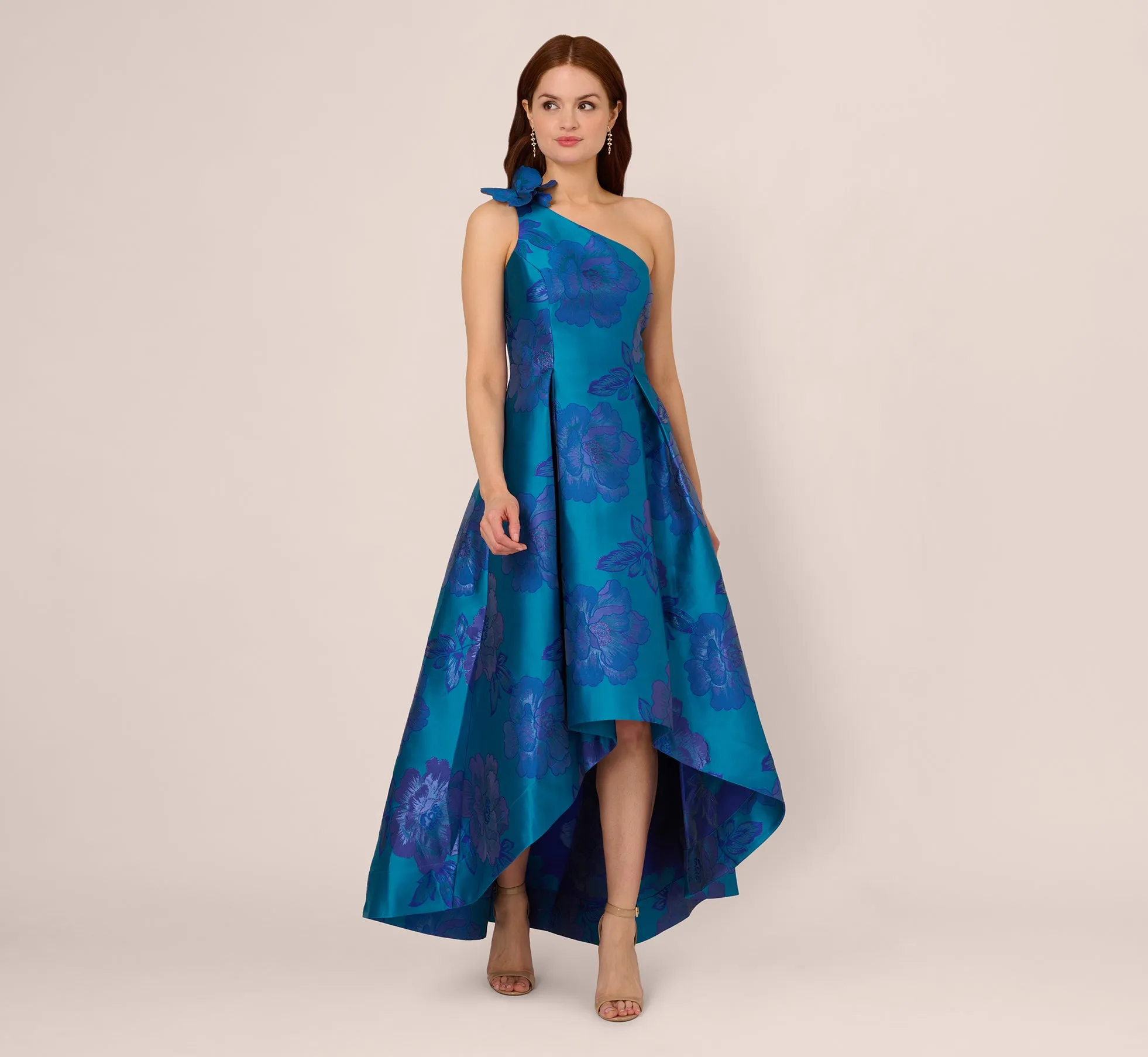 Floral Jacquard One Shoulder High Low Gown With Rosette Accent In Teal Blue sold by Adrianna Papell