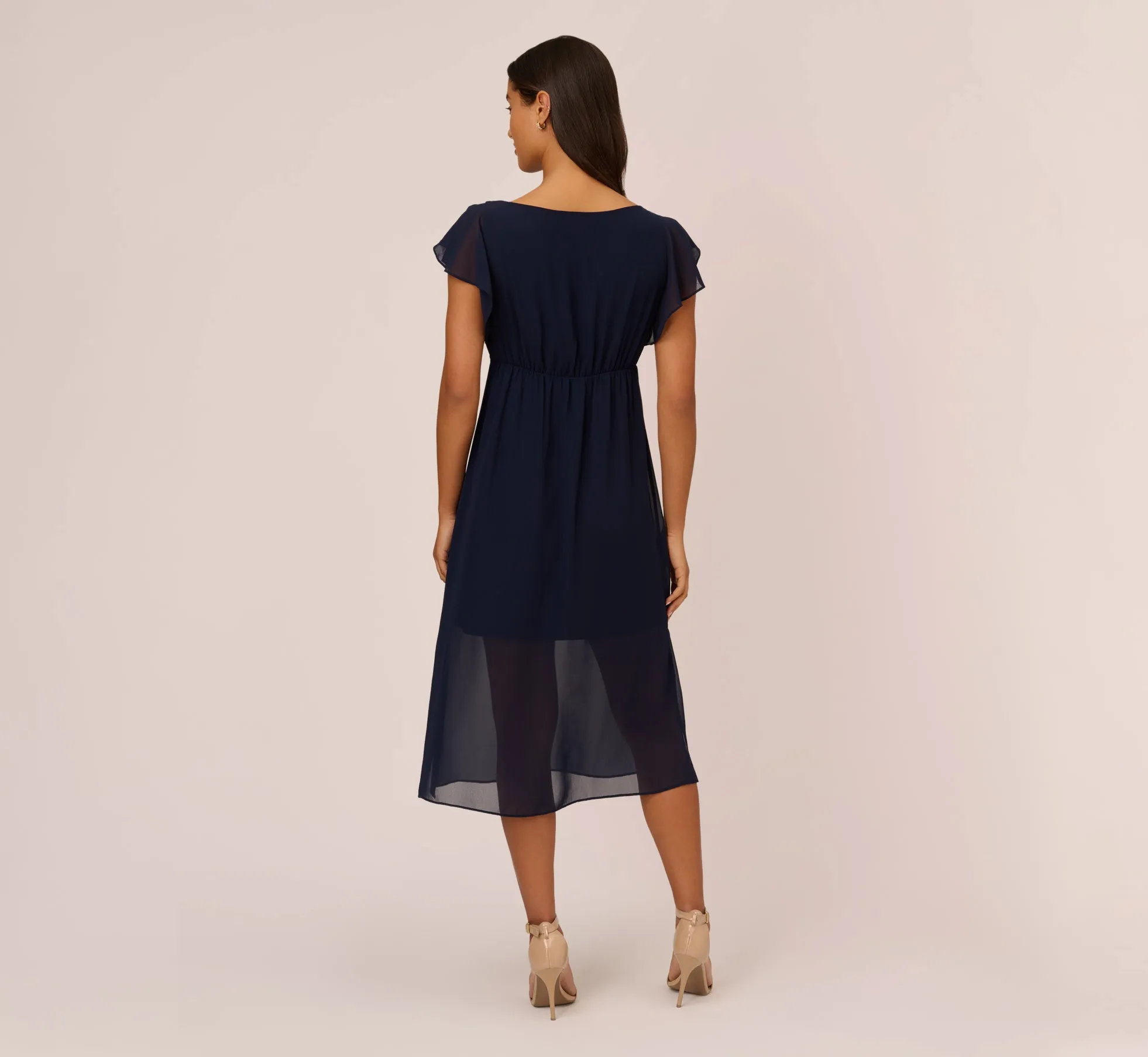Chiffon And Jersey Midi-Length Dress With Side Slits In Navy sold by Adrianna Papell product image thumbnail 4