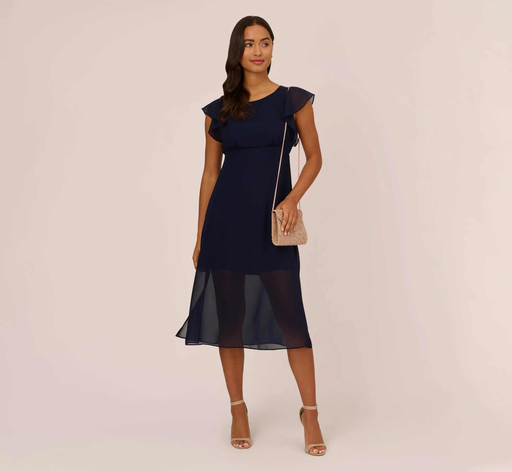 Chiffon And Jersey Midi-Length Dress With Side Slits In Navy sold by Adrianna Papell product image thumbnail 2