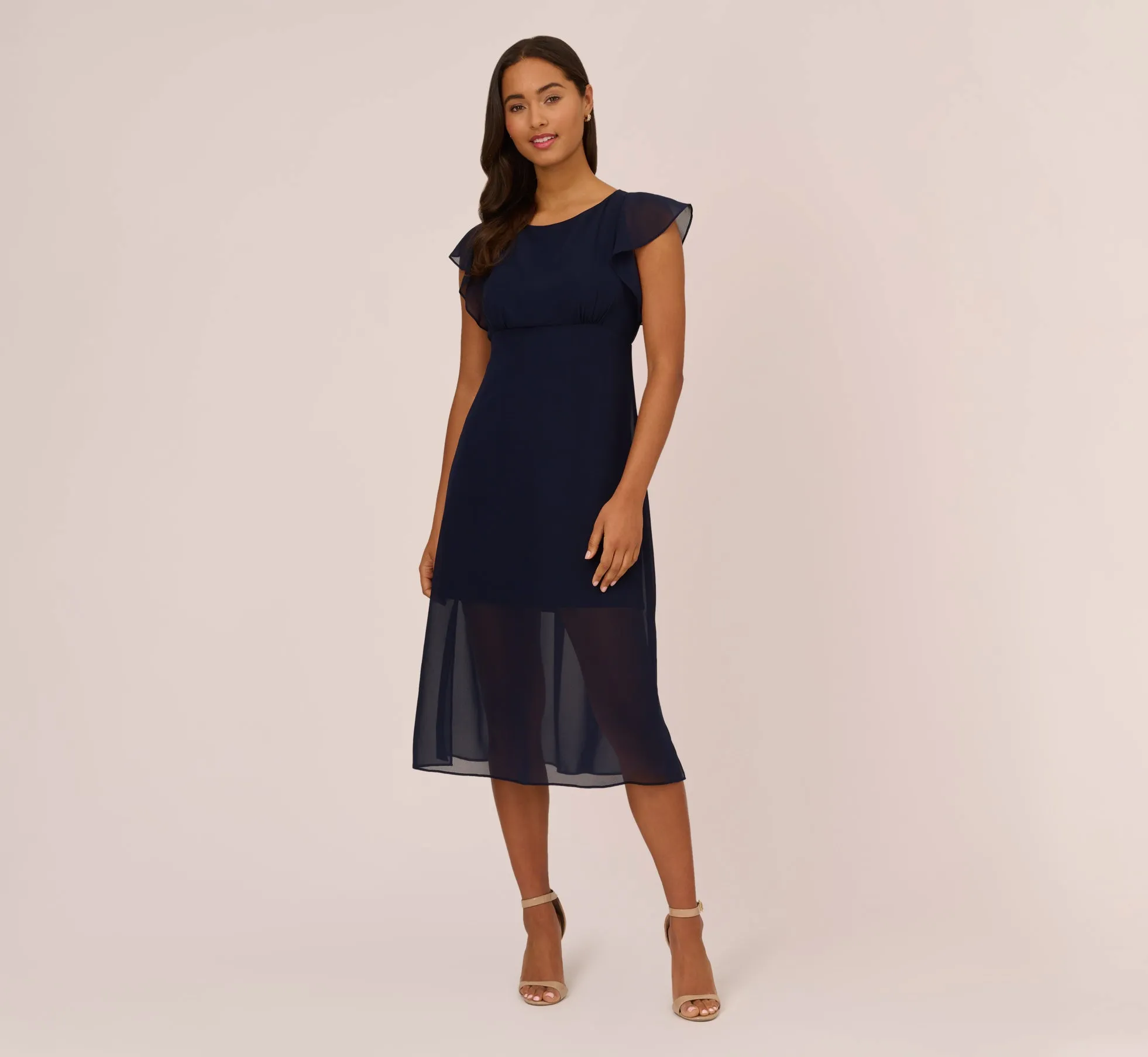Chiffon And Jersey Midi-Length Dress With Side Slits In Navy sold by Adrianna Papell