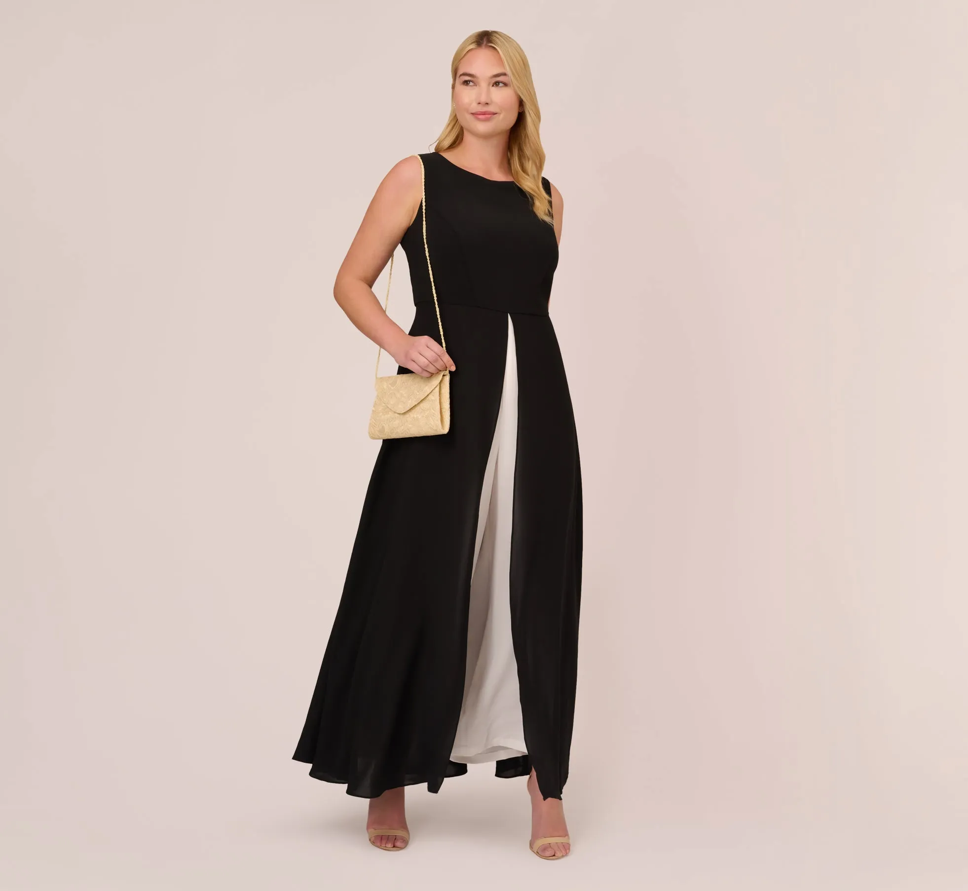 Plus Size Colorblock Jumpsuit With Skirt Overlay In Black Ivory sold by Adrianna Papell product image thumbnail 2