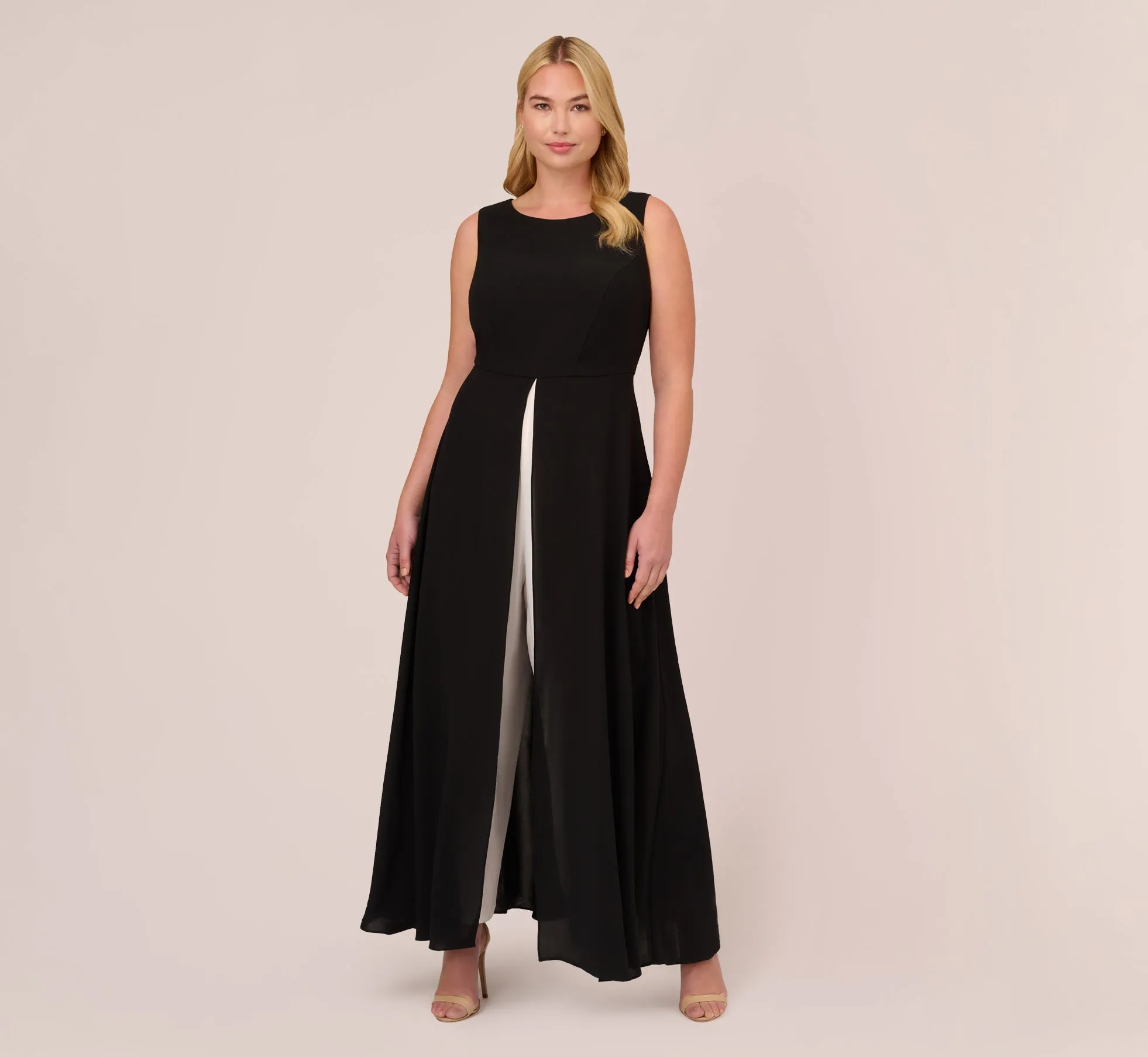 Plus Size Colorblock Jumpsuit With Skirt Overlay In Black Ivory sold by Adrianna Papell