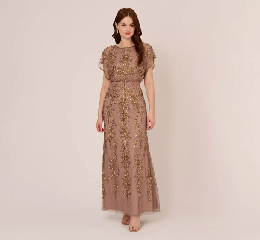Flourish Beaded Blouson Gown With Flutter Dolman Sleeves In Stone sold by Adrianna Papell
