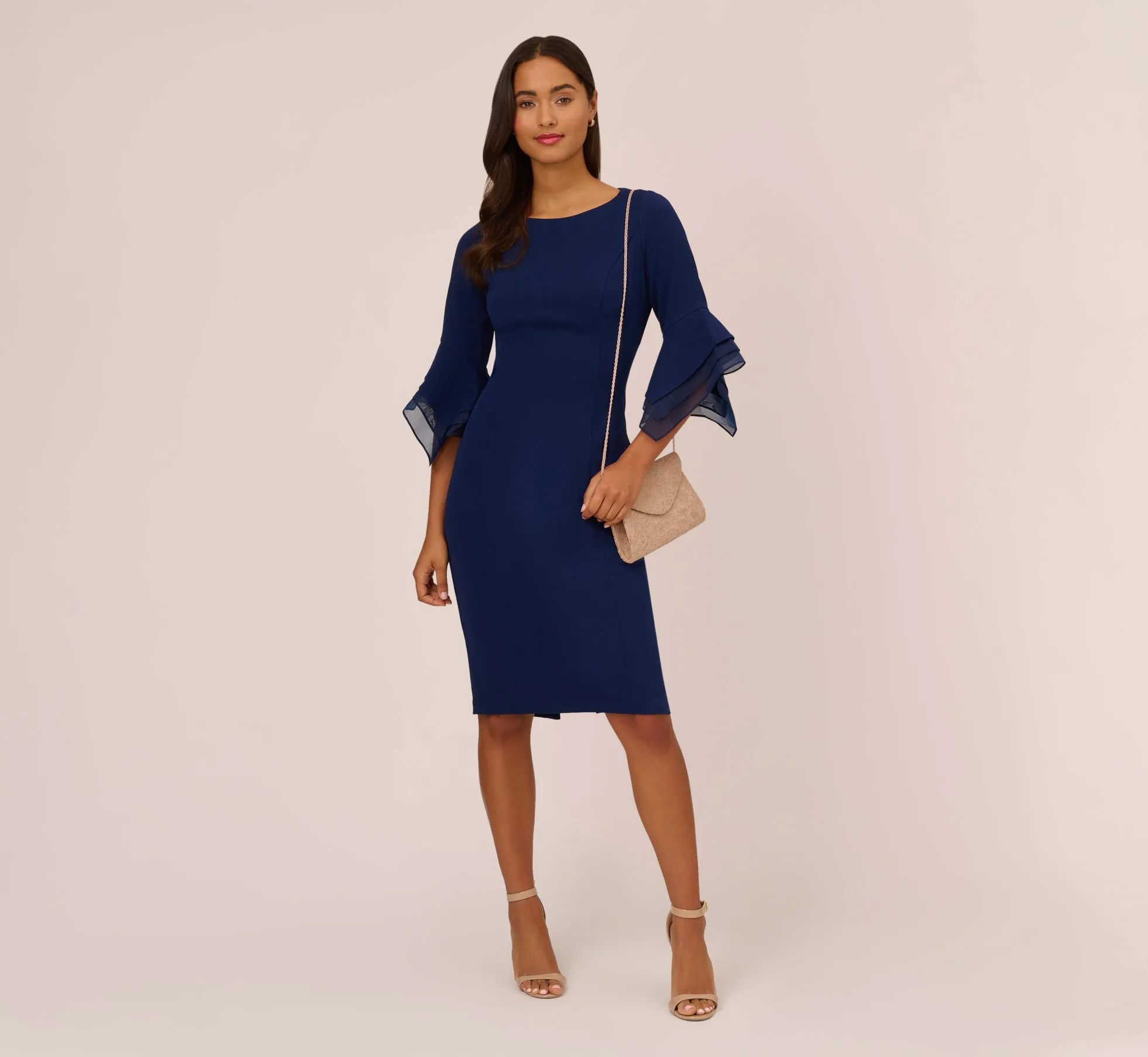 Knit Crepe Sheath Dress With Tiered Three Quarter Sleeves In Navy Sateen sold by Adrianna Papell product image thumbnail 4