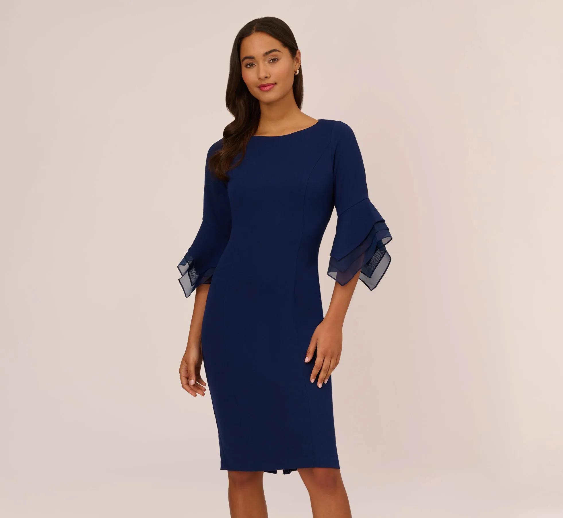 Knit Crepe Sheath Dress With Tiered Three Quarter Sleeves In Navy Sateen sold by Adrianna Papell