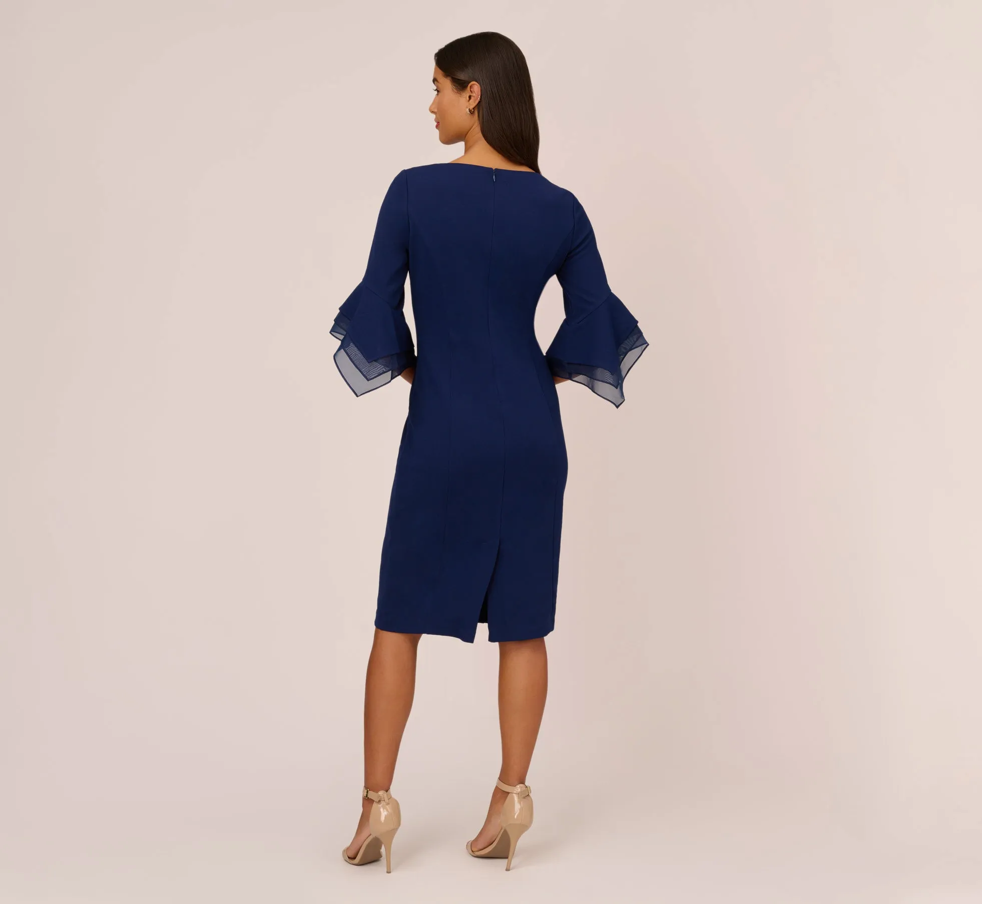 Knit Crepe Sheath Dress With Tiered Three Quarter Sleeves In Navy Sateen sold by Adrianna Papell product image thumbnail 2
