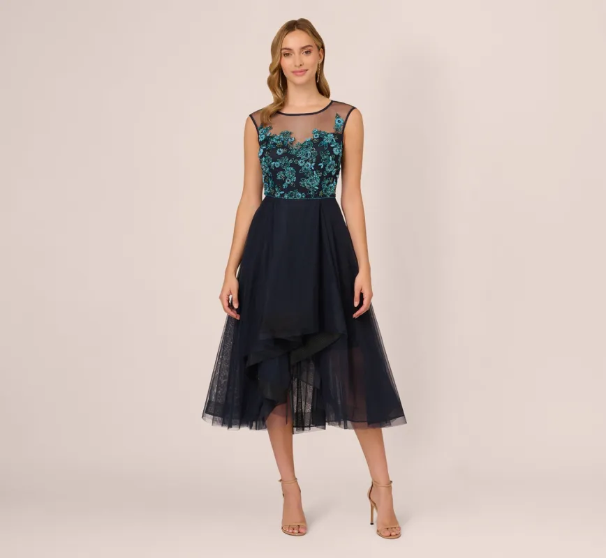 Beaded Midi Dress With Tulle Skirt In Midnight Multi sold by Adrianna Papell