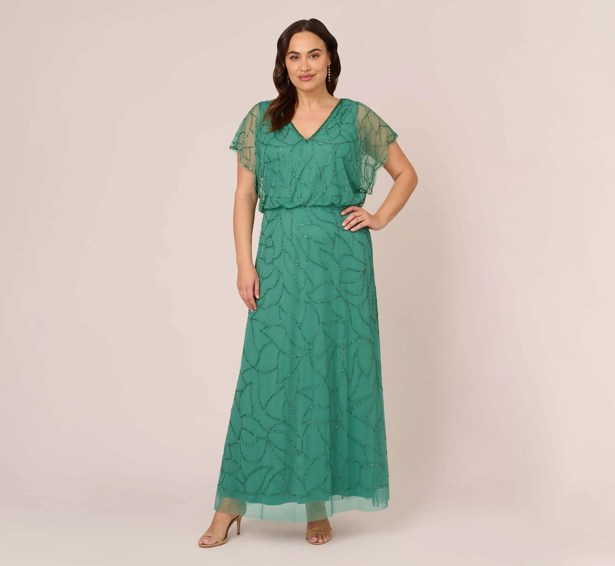 Plus Size Beaded Blouson Mermaid Gown With Sheer Dolman Sleeves In Jungle Green sold by Adrianna Papell