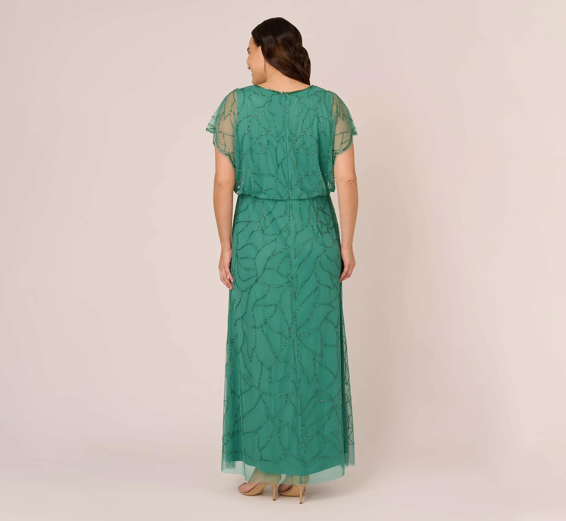 Plus Size Beaded Blouson Mermaid Gown With Sheer Dolman Sleeves In Jungle Green sold by Adrianna Papell product image thumbnail 5