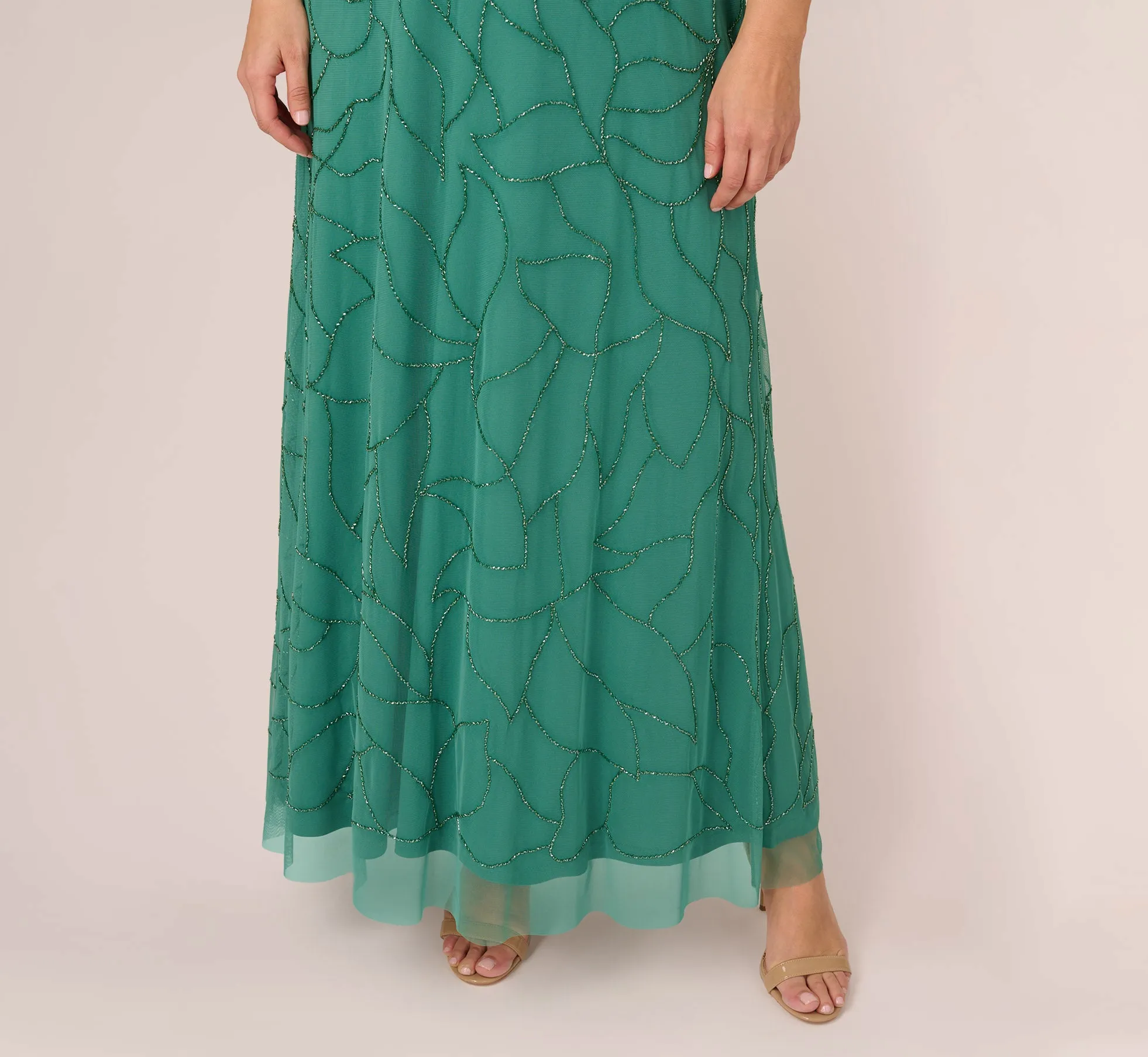 Plus Size Beaded Blouson Mermaid Gown With Sheer Dolman Sleeves In Jungle Green sold by Adrianna Papell product image thumbnail 4