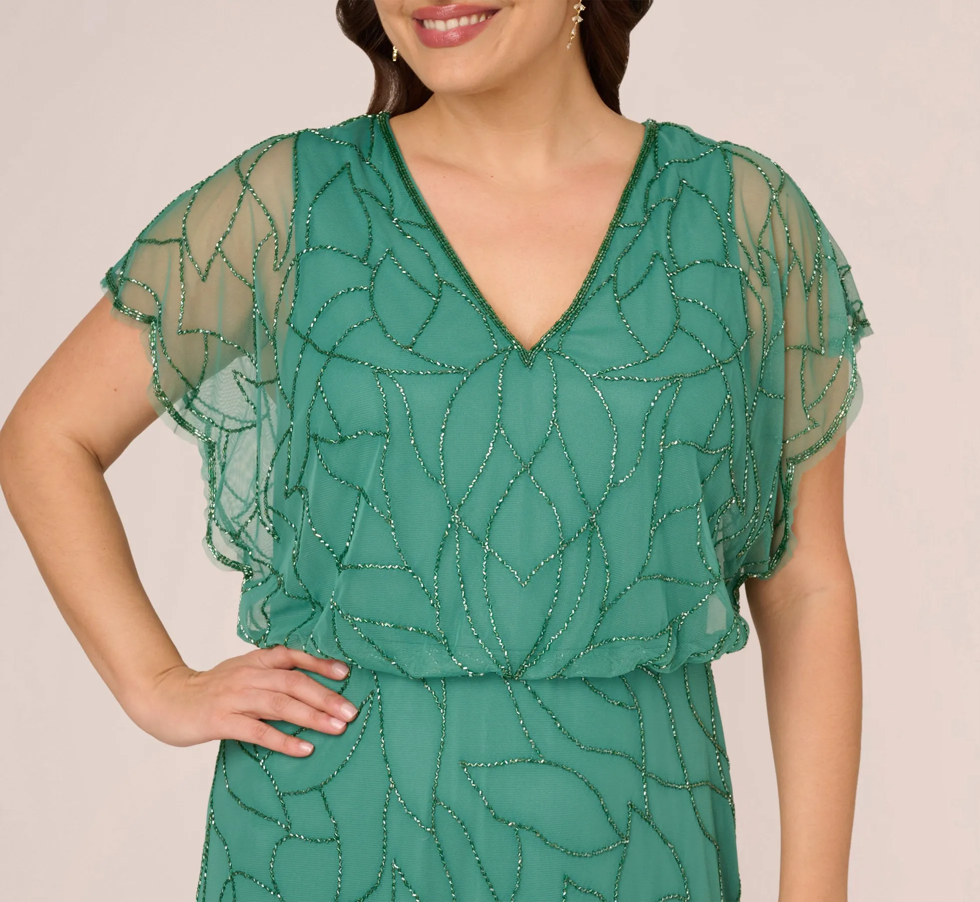 Plus Size Beaded Blouson Mermaid Gown With Sheer Dolman Sleeves In Jungle Green sold by Adrianna Papell product image thumbnail 3