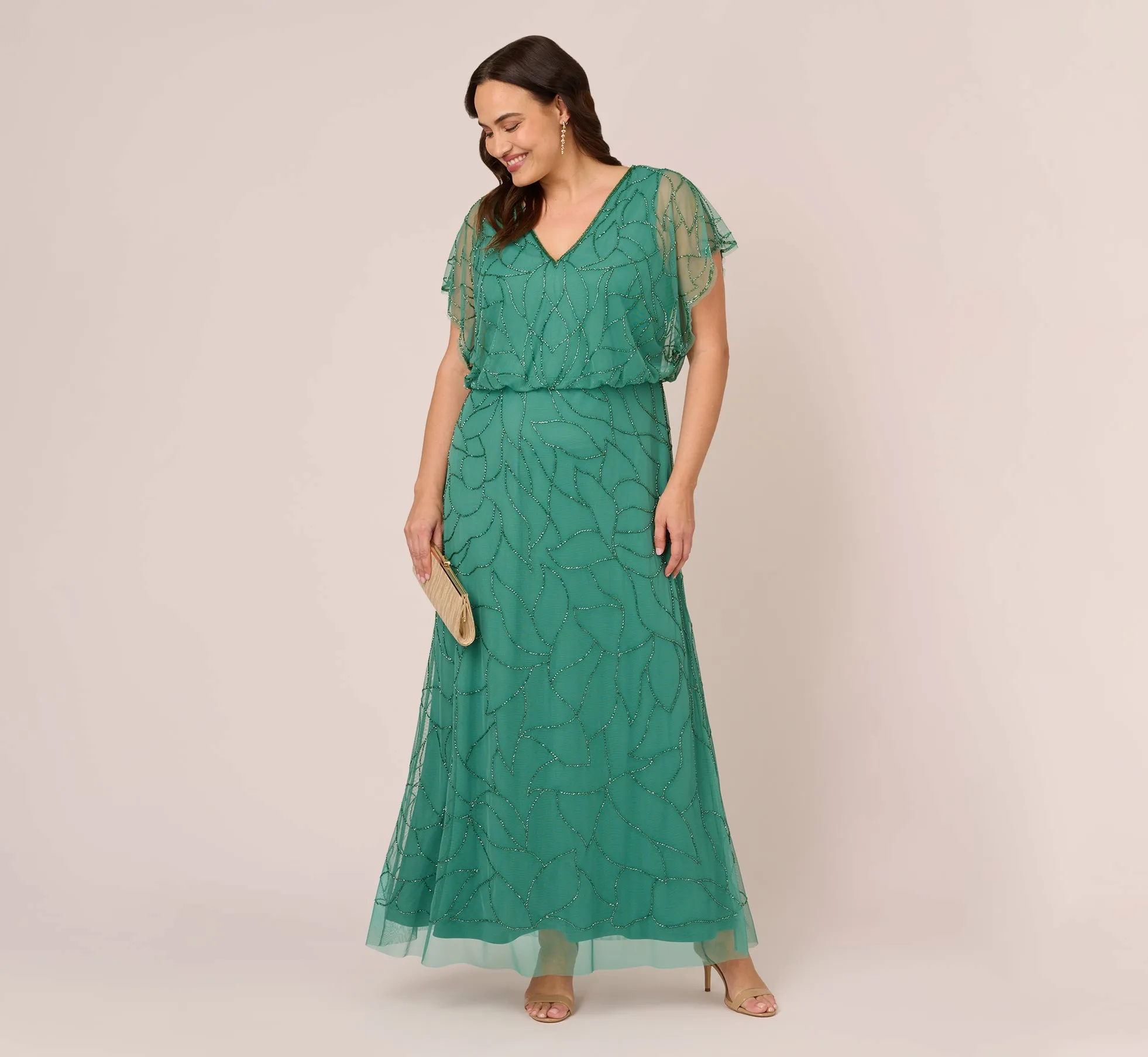 Plus Size Beaded Blouson Mermaid Gown With Sheer Dolman Sleeves In Jungle Green sold by Adrianna Papell product image thumbnail 2