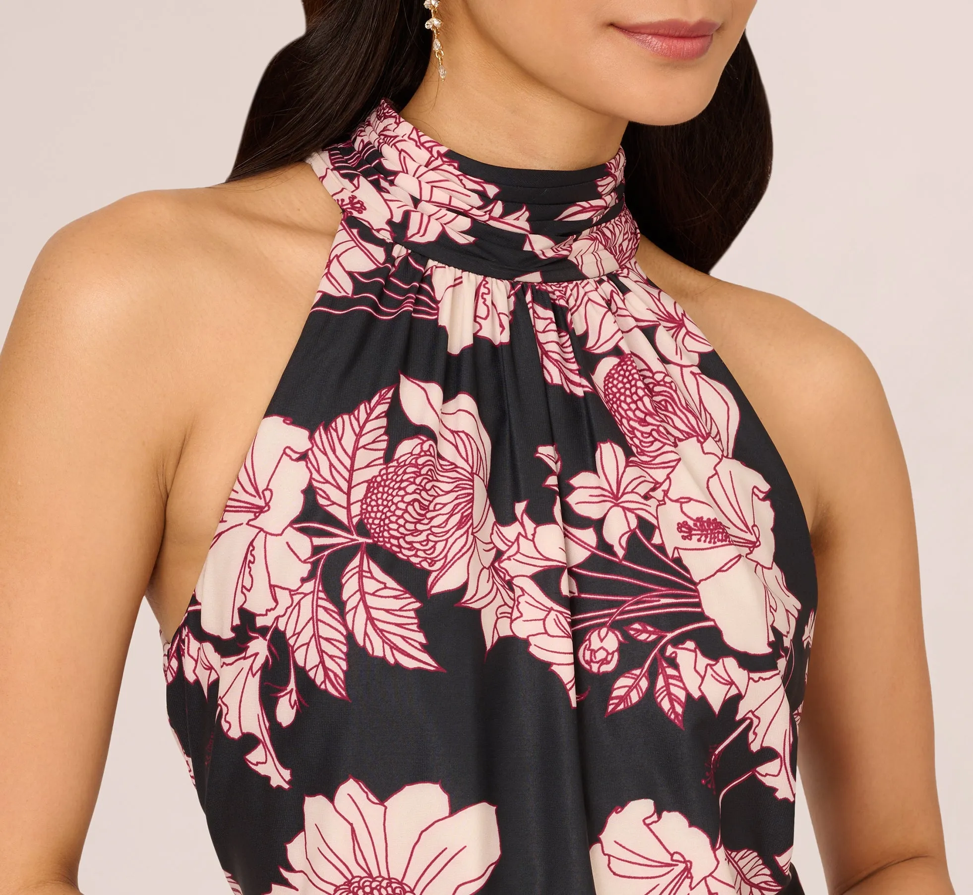 Floral Print Halter Midi Dress With Mock Neckline In Black Multi sold by Adrianna Papell product image thumbnail 3