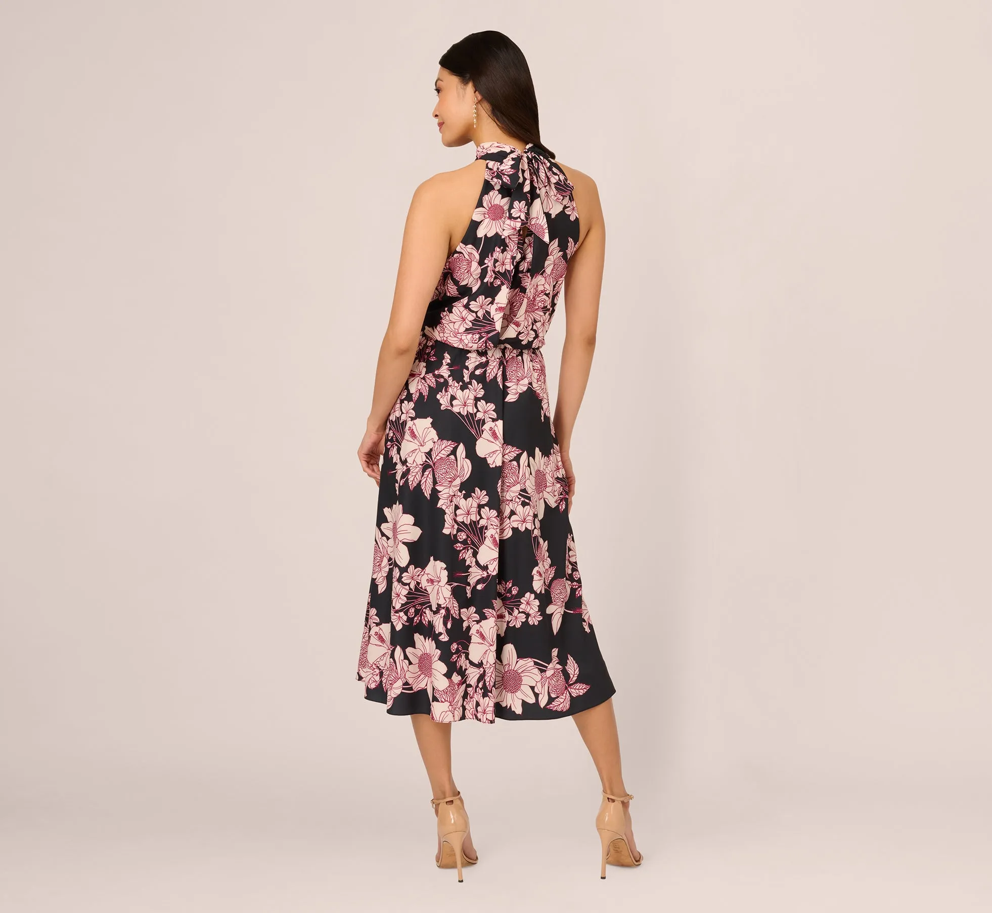 Floral Print Halter Midi Dress With Mock Neckline In Black Multi sold by Adrianna Papell product image thumbnail 4