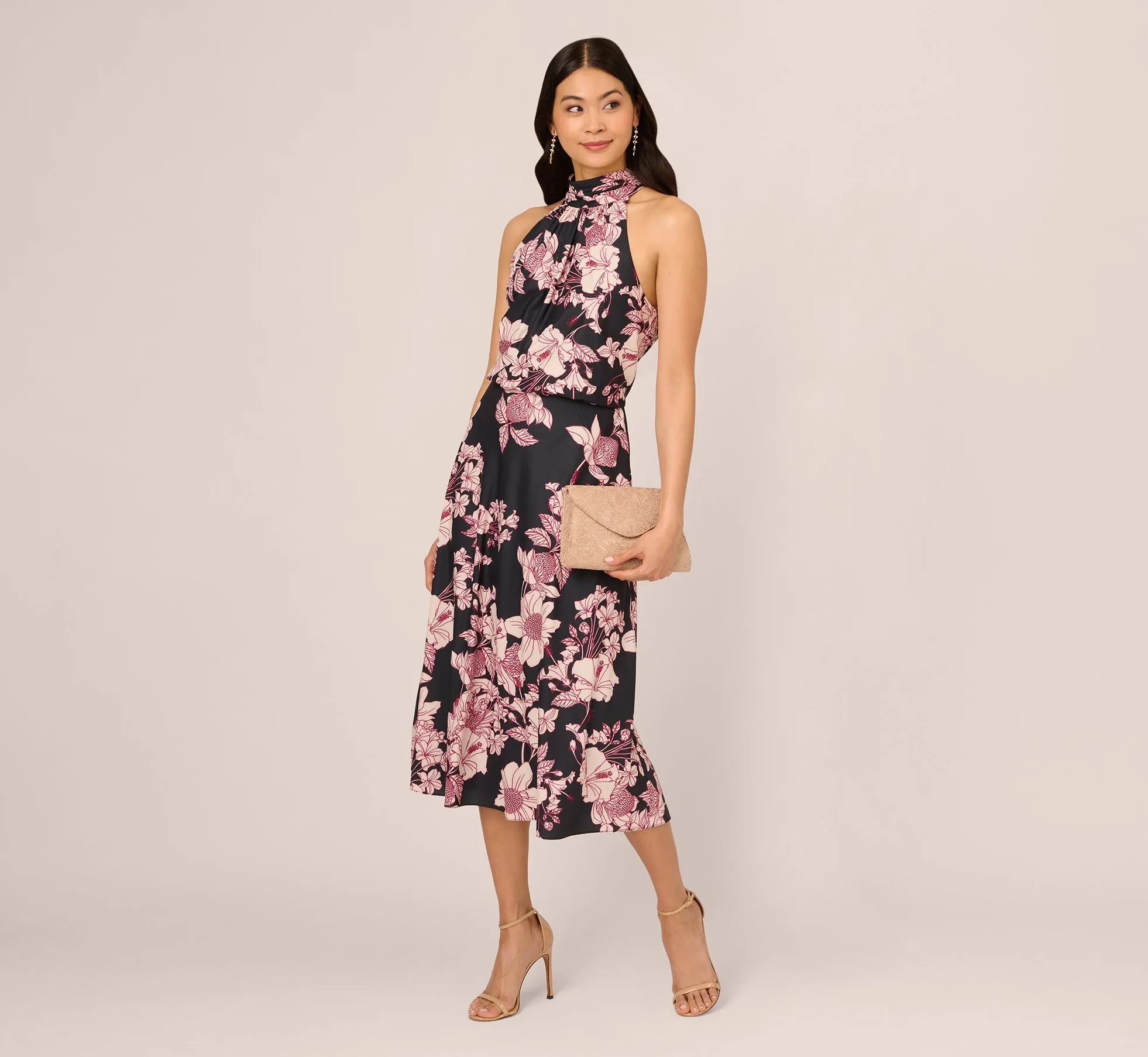 Floral Print Halter Midi Dress With Mock Neckline In Black Multi sold by Adrianna Papell product image thumbnail 2