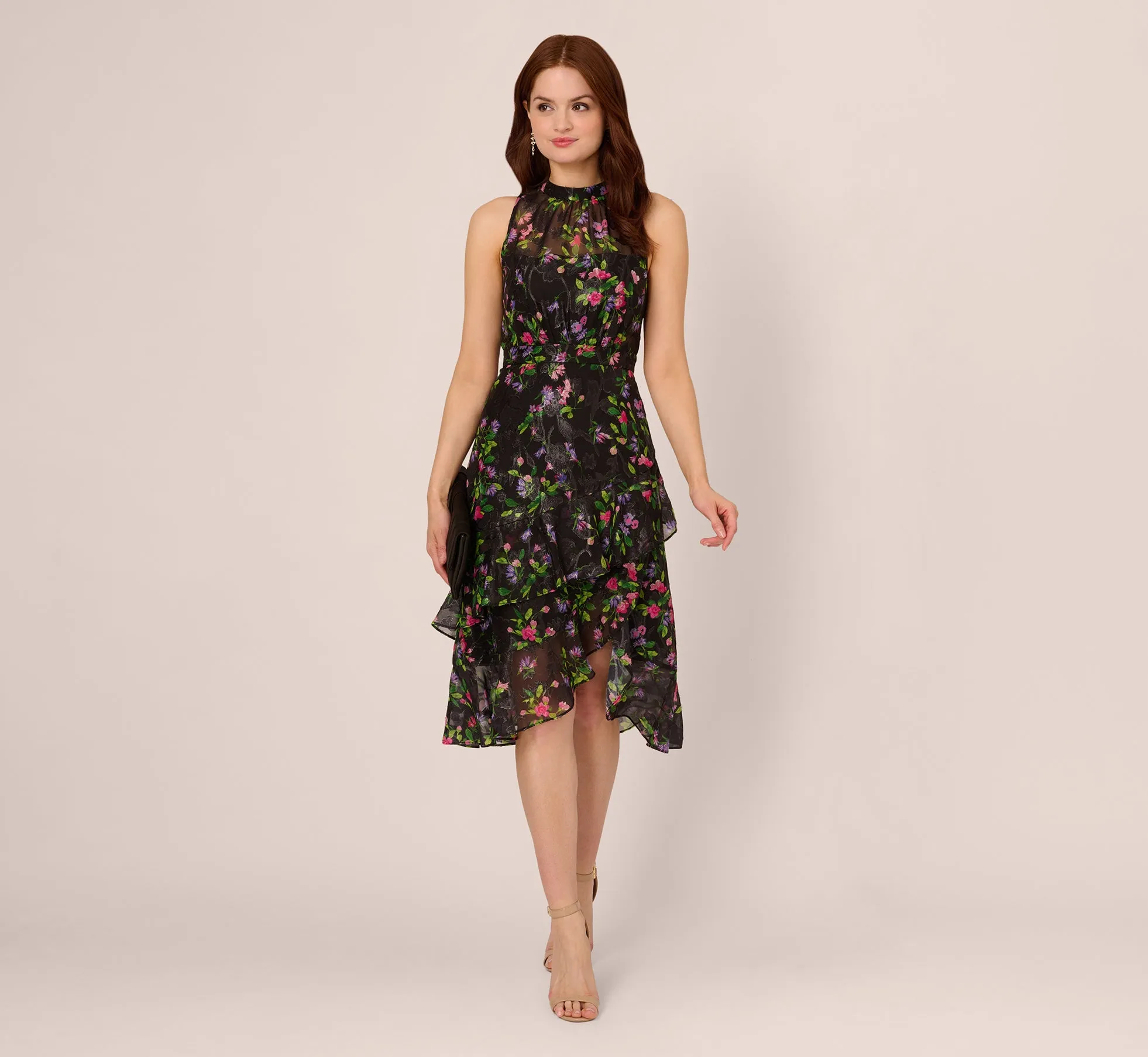 Floral Chiffon Halter Midi Dress With Flounce Hem In Black