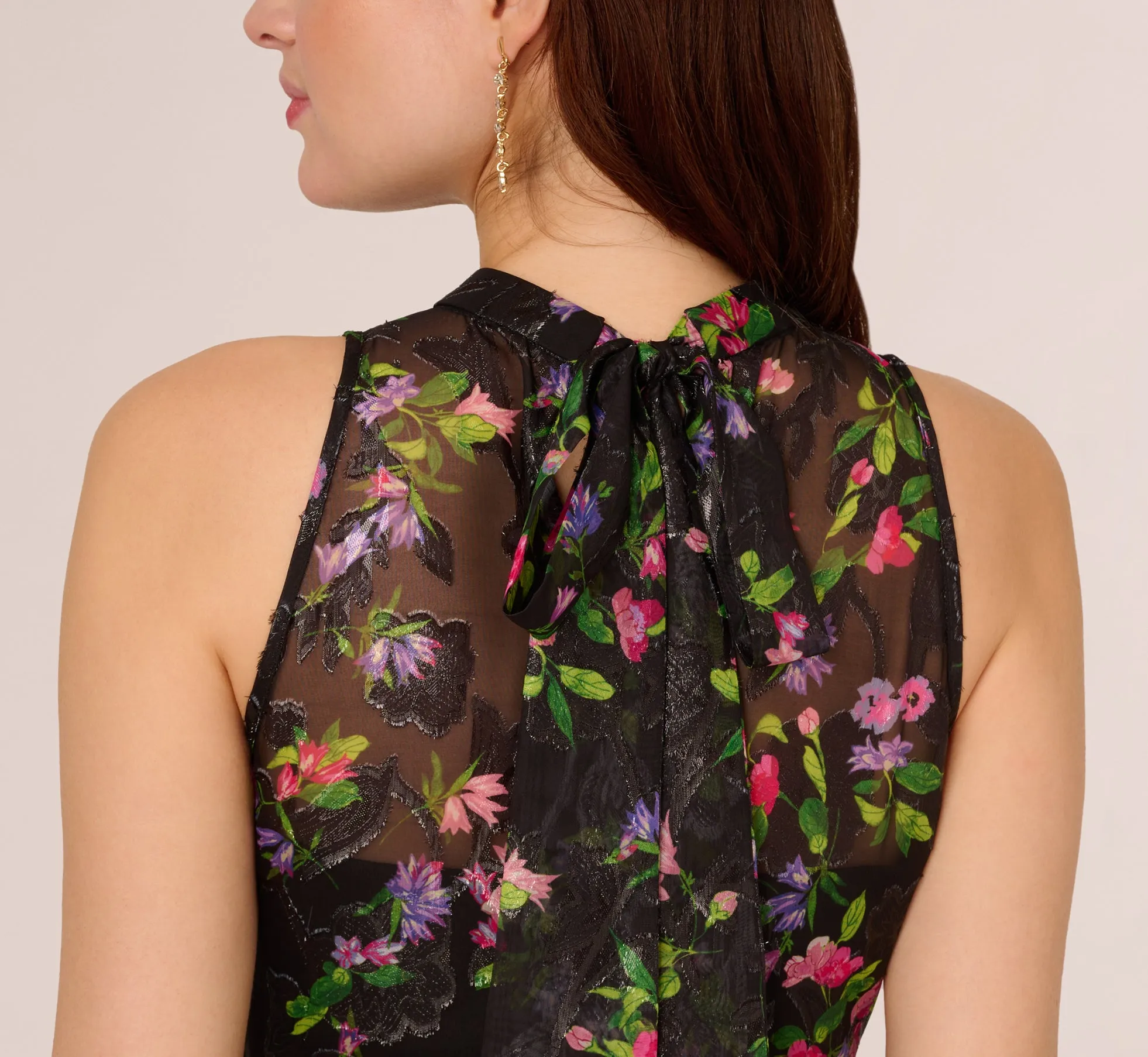 Floral Chiffon Halter Midi Dress With Flounce Hem In Black Multi sold by Adrianna Papell product image thumbnail 4