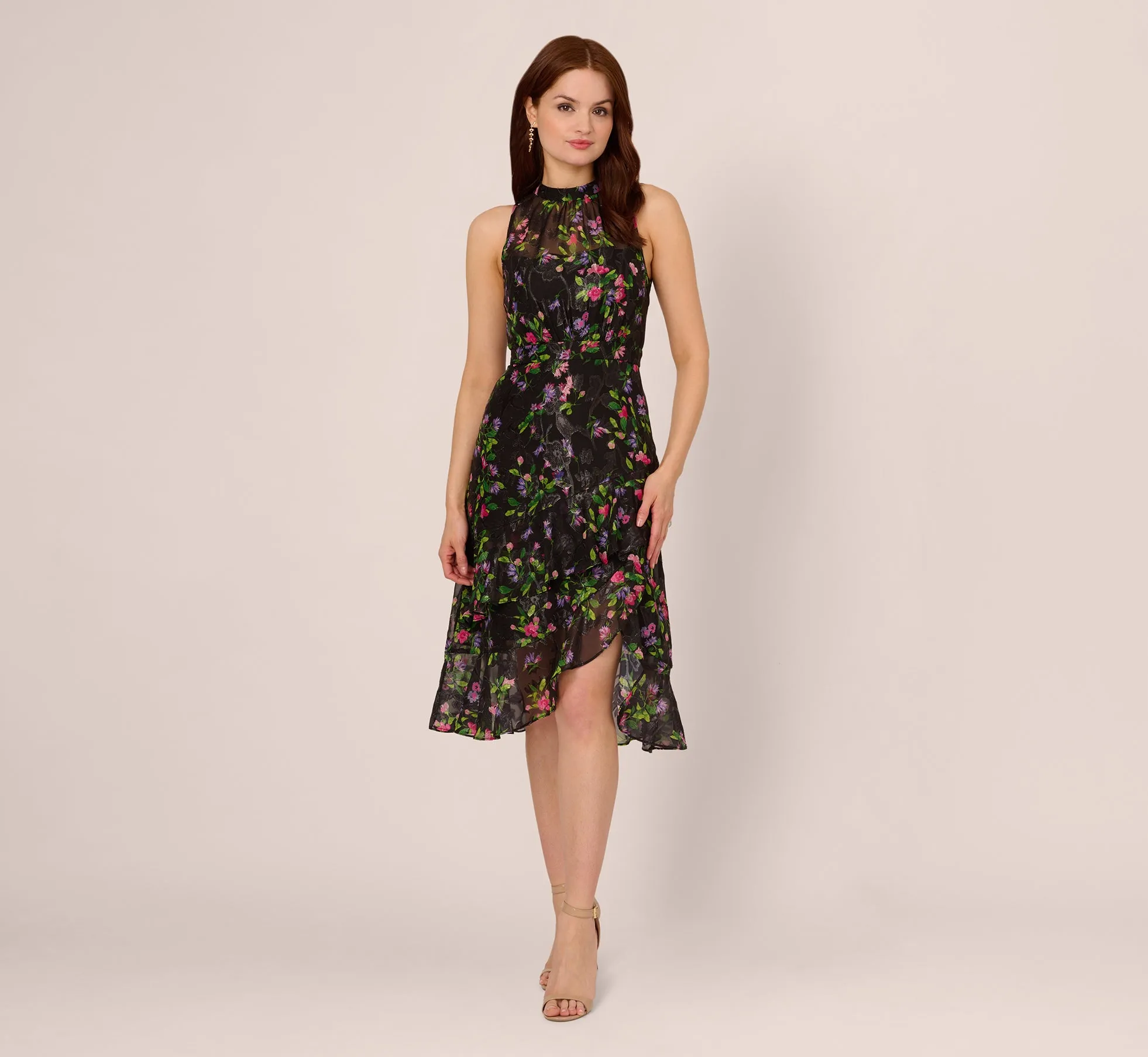 Floral Chiffon Halter Midi Dress With Flounce Hem In Black Multi sold by Adrianna Papell