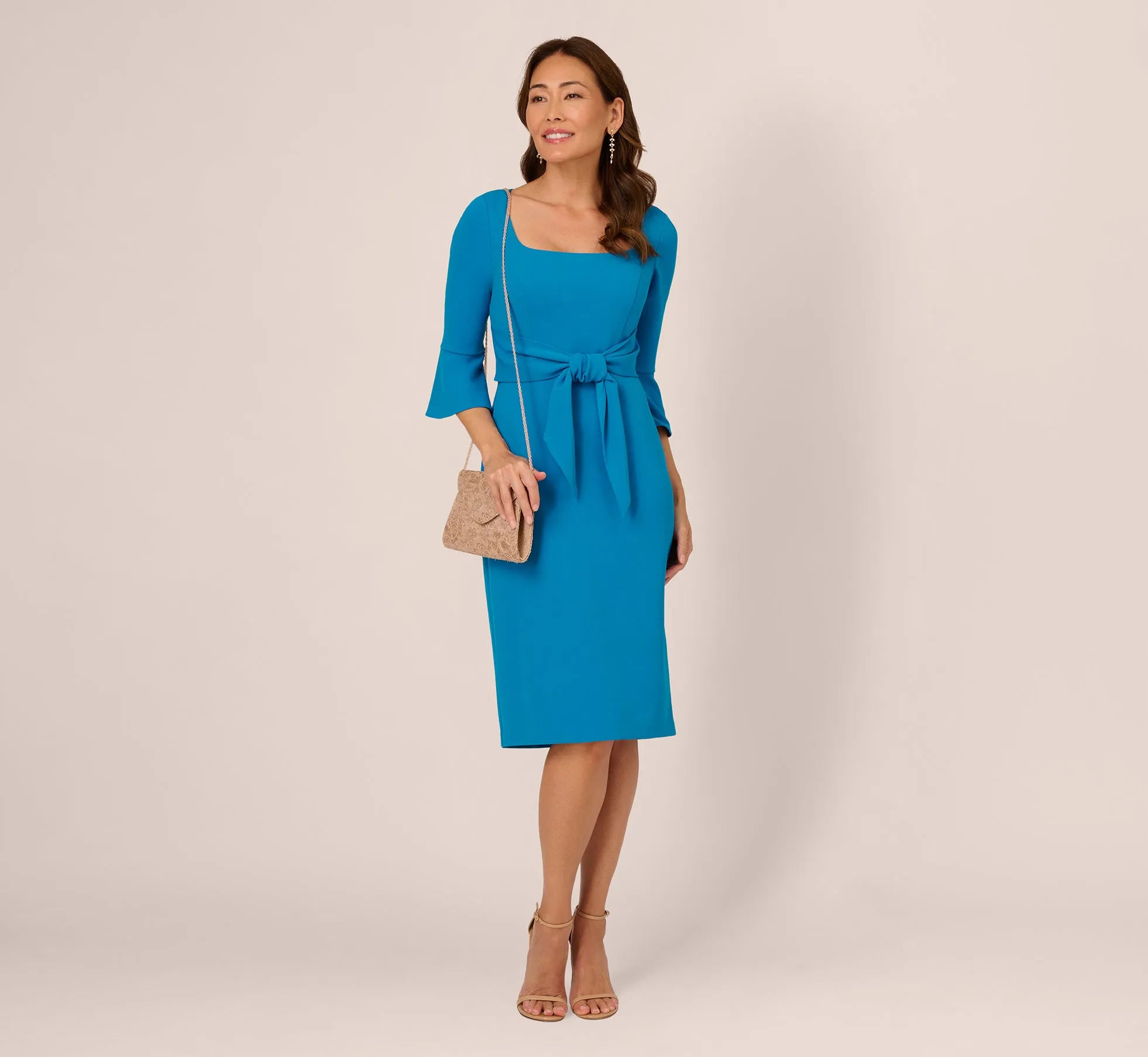 Stretch Knit Crepe Tie-Front Midi-Length Sheath Dress In Deep Cerulean sold by Adrianna Papell product image thumbnail 2