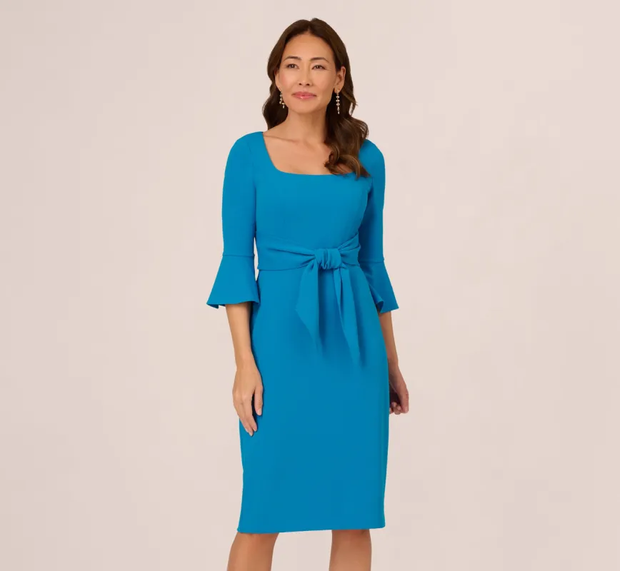 Stretch Knit Crepe Tie-Front Midi-Length Sheath Dress In Deep Cerulean sold by Adrianna Papell