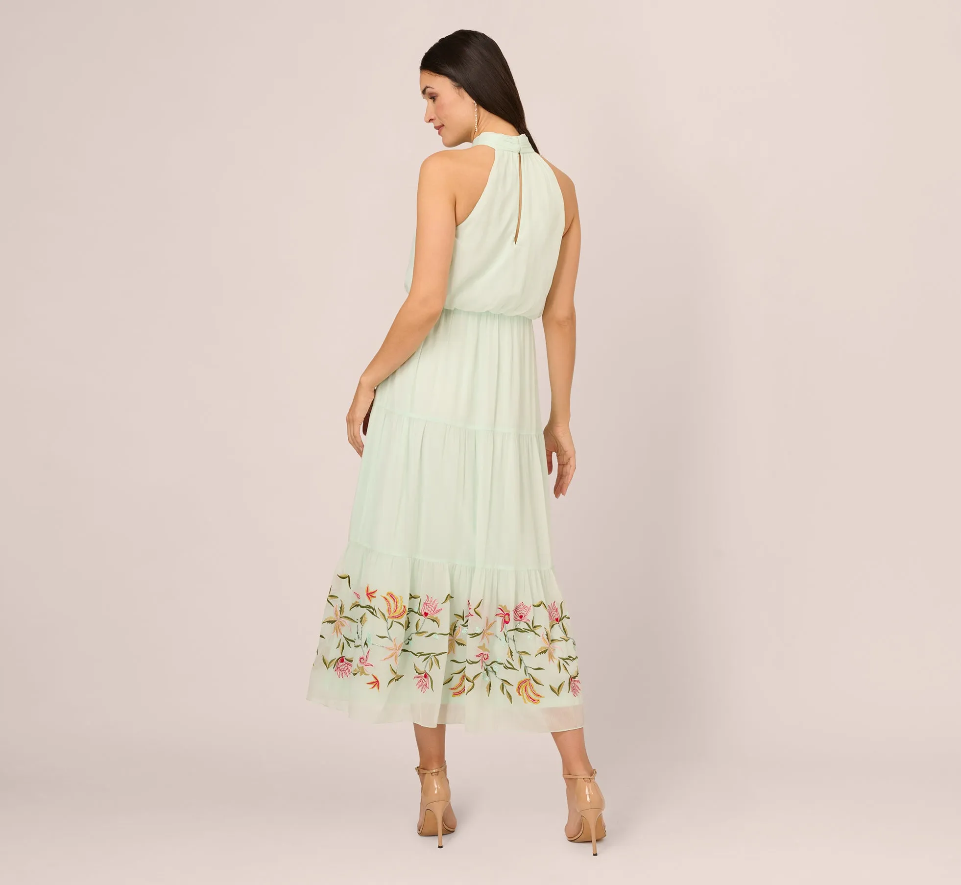 Chiffon Halter Midi Dress With Floral Embroidered Skirt In Mint Glass sold by Adrianna Papell product image thumbnail 5