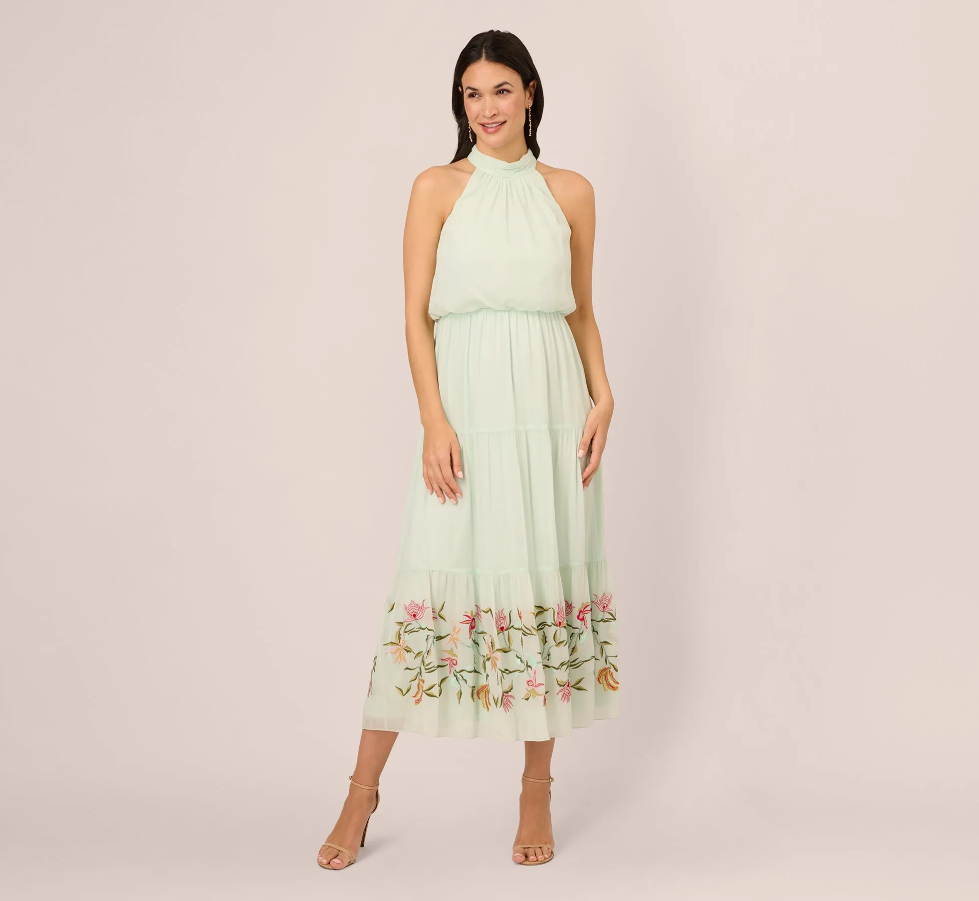 Chiffon Halter Midi Dress With Floral Embroidered Skirt In Mint Glass sold by Adrianna Papell product image thumbnail 2