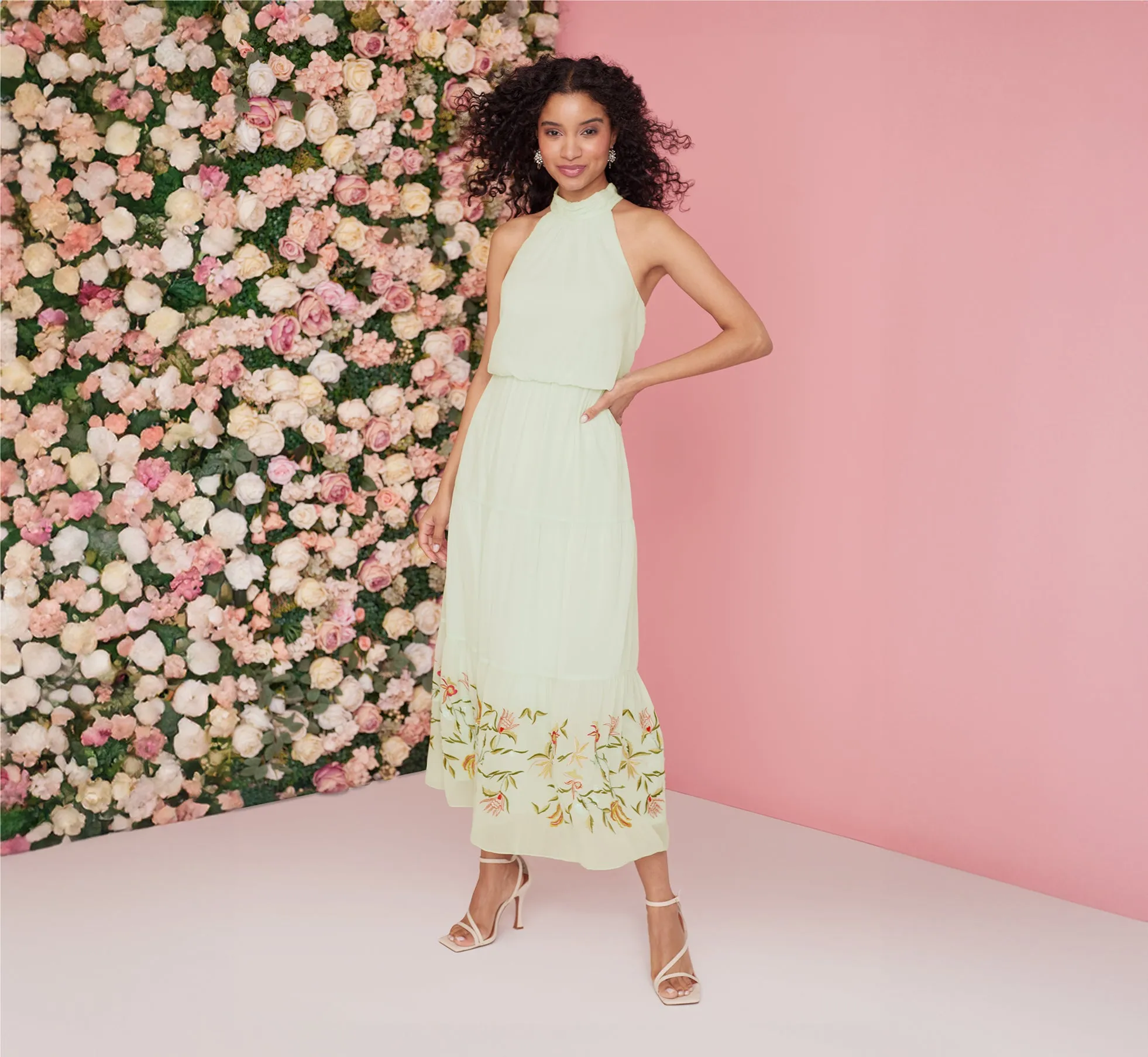 Chiffon Halter Midi Dress With Floral Embroidered Skirt In Mint Glass sold by Adrianna Papell