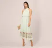 Chiffon Halter Midi Dress With Floral Embroidered Skirt In Mint Glass sold by Adrianna Papell