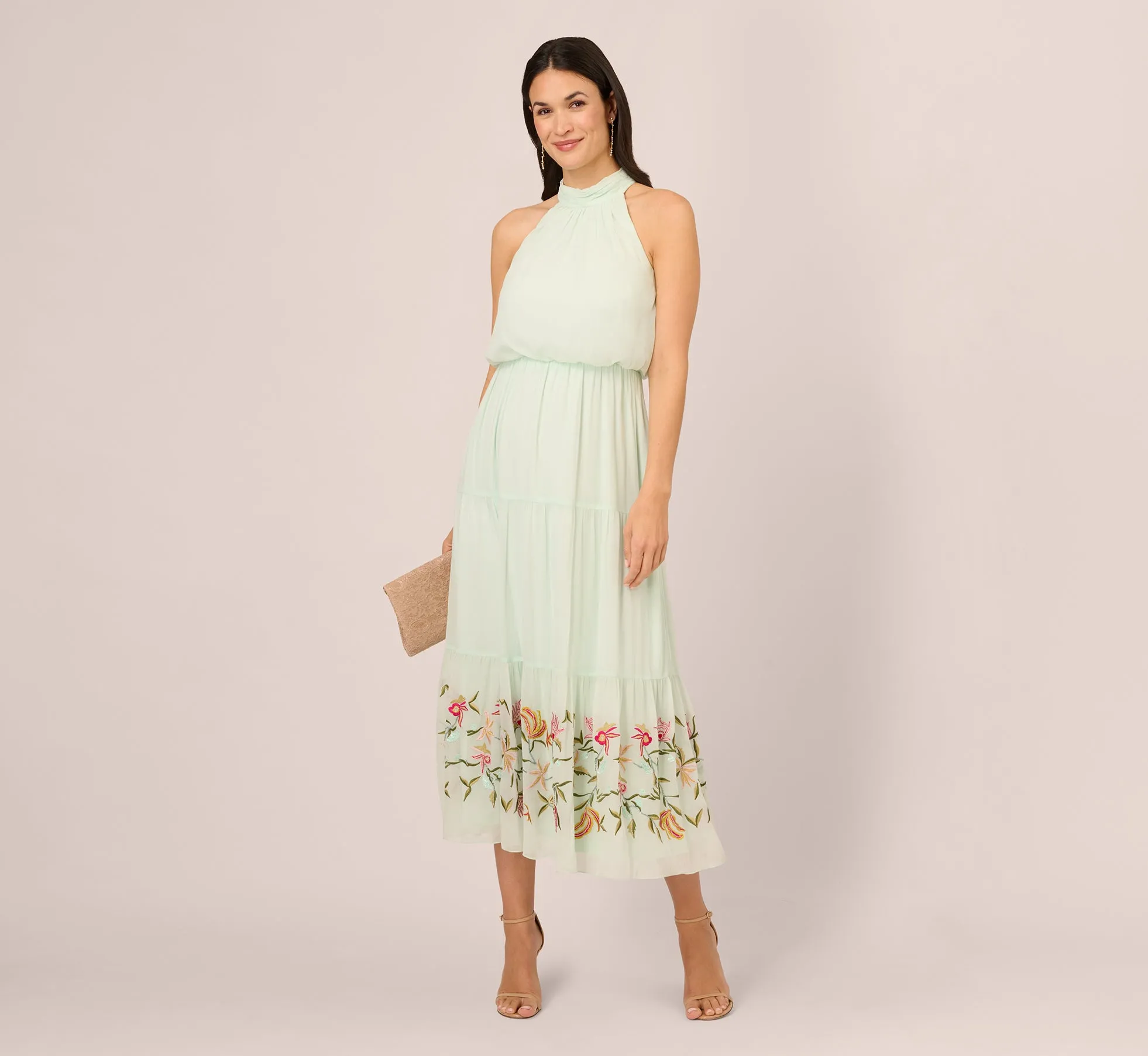 Chiffon Halter Midi Dress With Floral Embroidered Skirt In Mint Glass sold by Adrianna Papell product image thumbnail 3