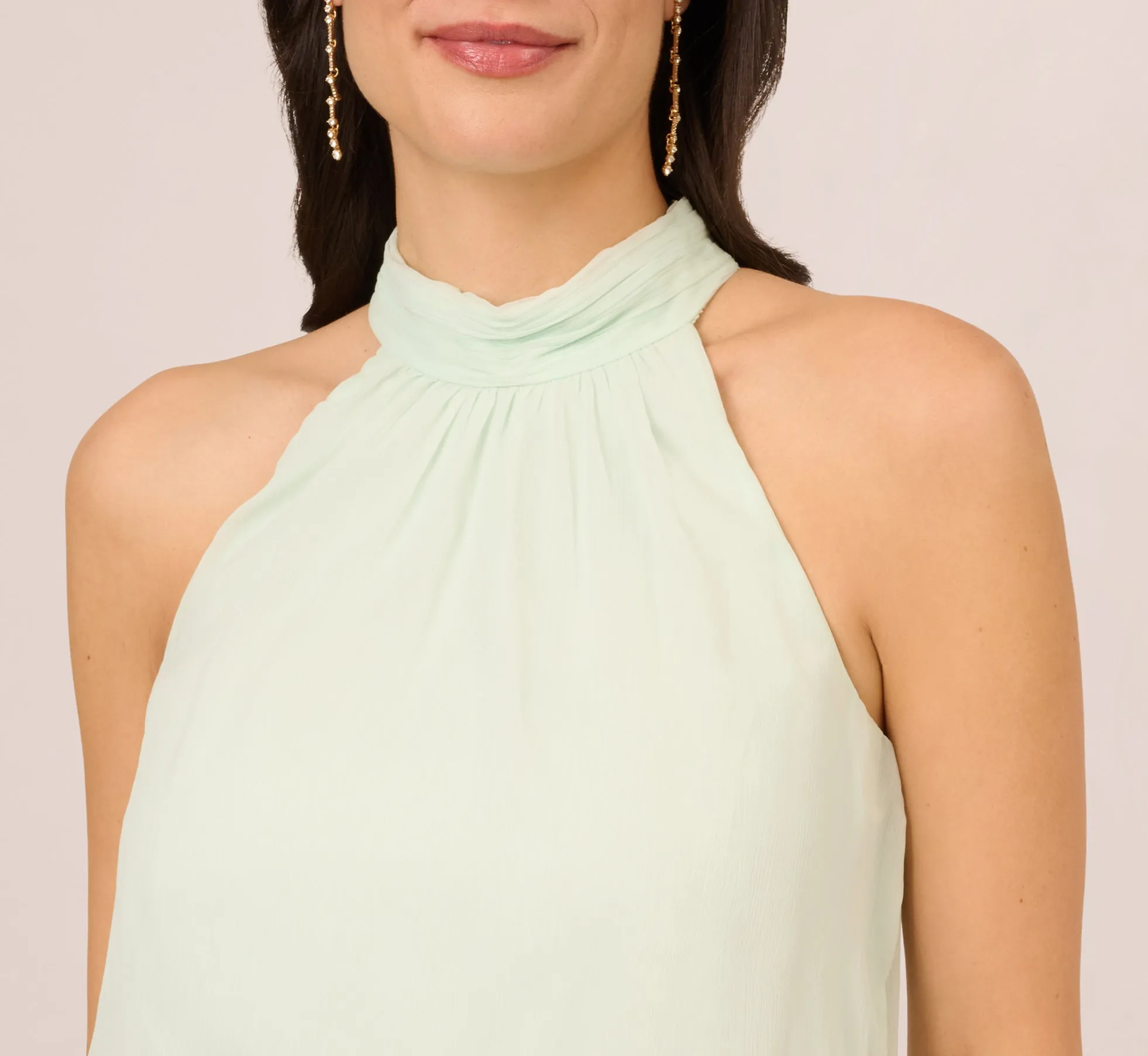 Chiffon Halter Midi Dress With Floral Embroidered Skirt In Mint Glass sold by Adrianna Papell product image thumbnail 4