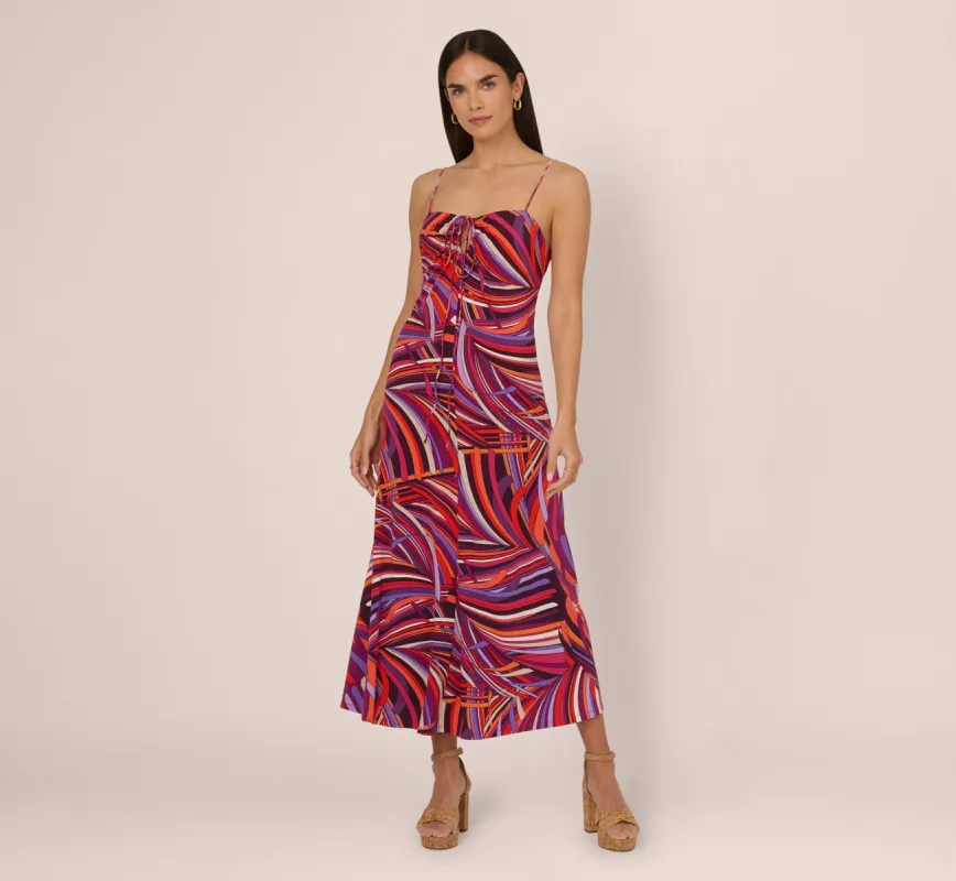 Retro Print Jersey Maxi Dress Tie Front Keyhole Neckline In Purple Multi sold by Adrianna Papell