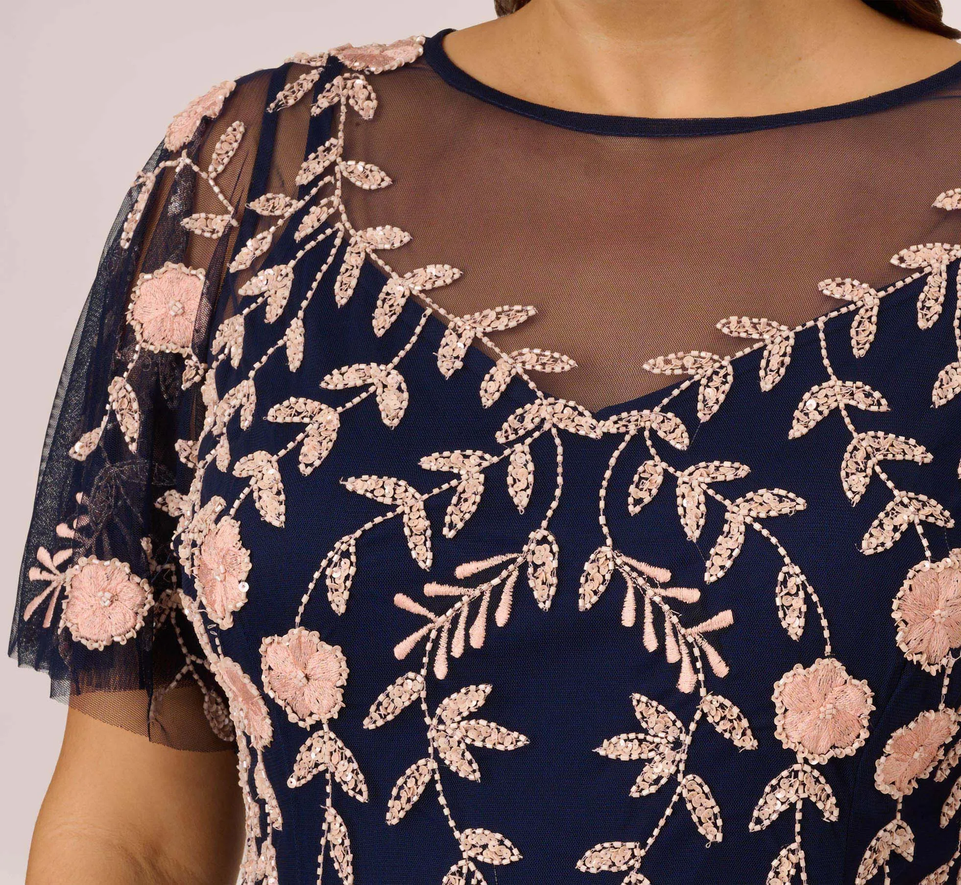 Plus Size Floral Beaded Dress With Sheer Flutter Sleeves In Navy Blush sold by Adrianna Papell product image thumbnail 4