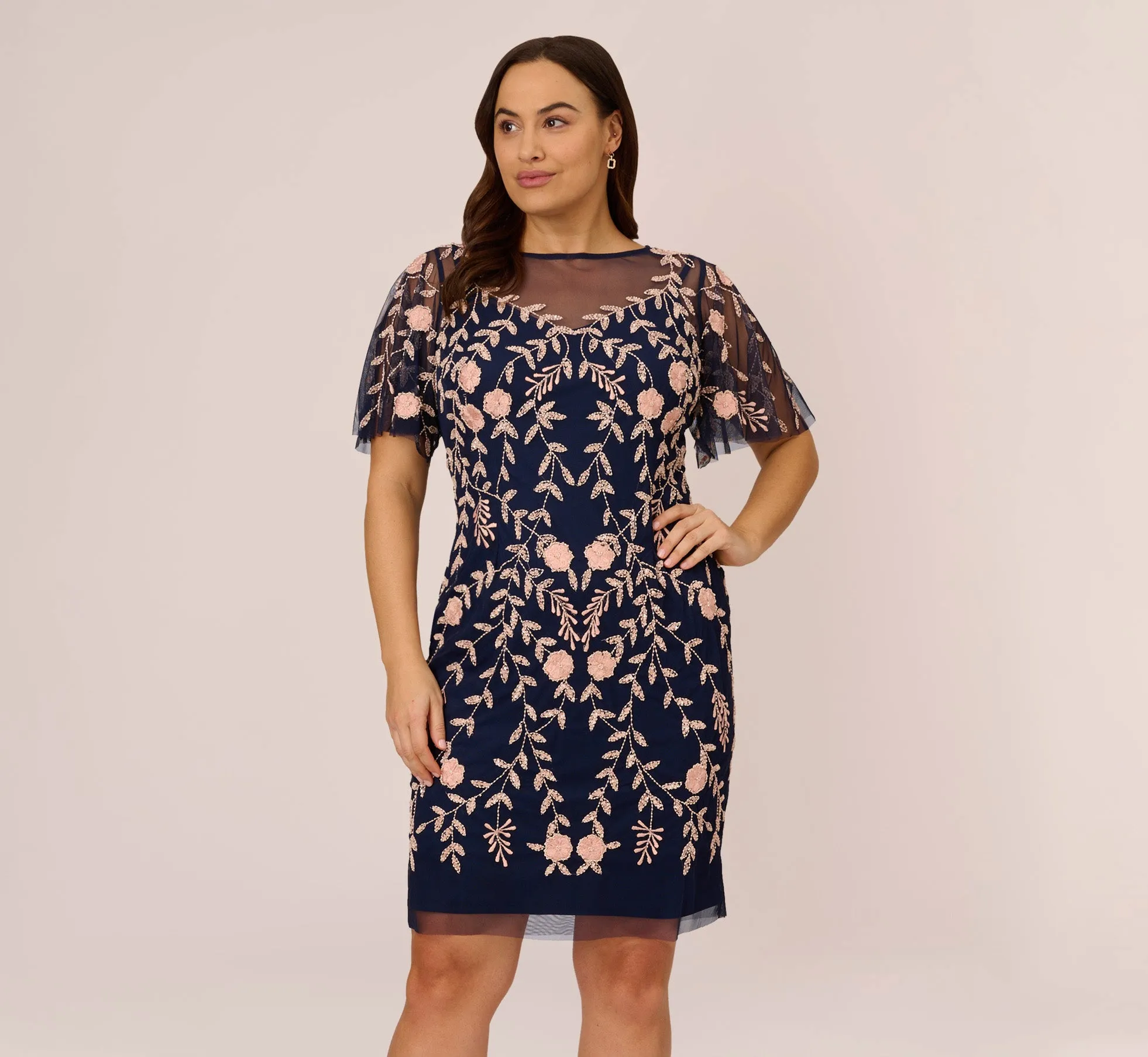 Plus Size Floral Beaded Dress With Sheer Flutter Sleeves In Navy Blush sold by Adrianna Papell product image thumbnail 2