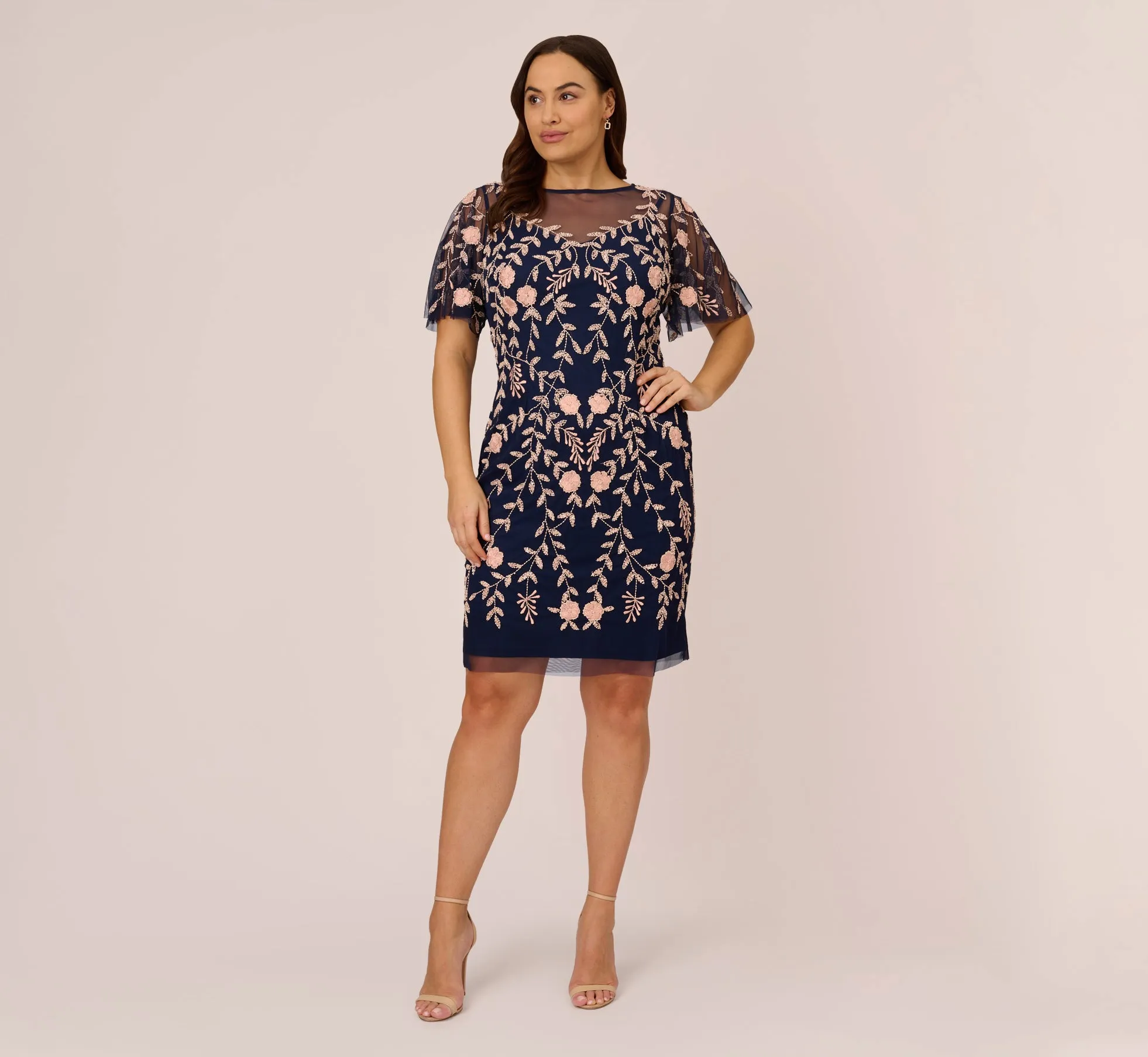 Plus Size Floral Beaded Dress With Sheer Flutter Sleeves In Navy Blush sold by Adrianna Papell product image thumbnail 3