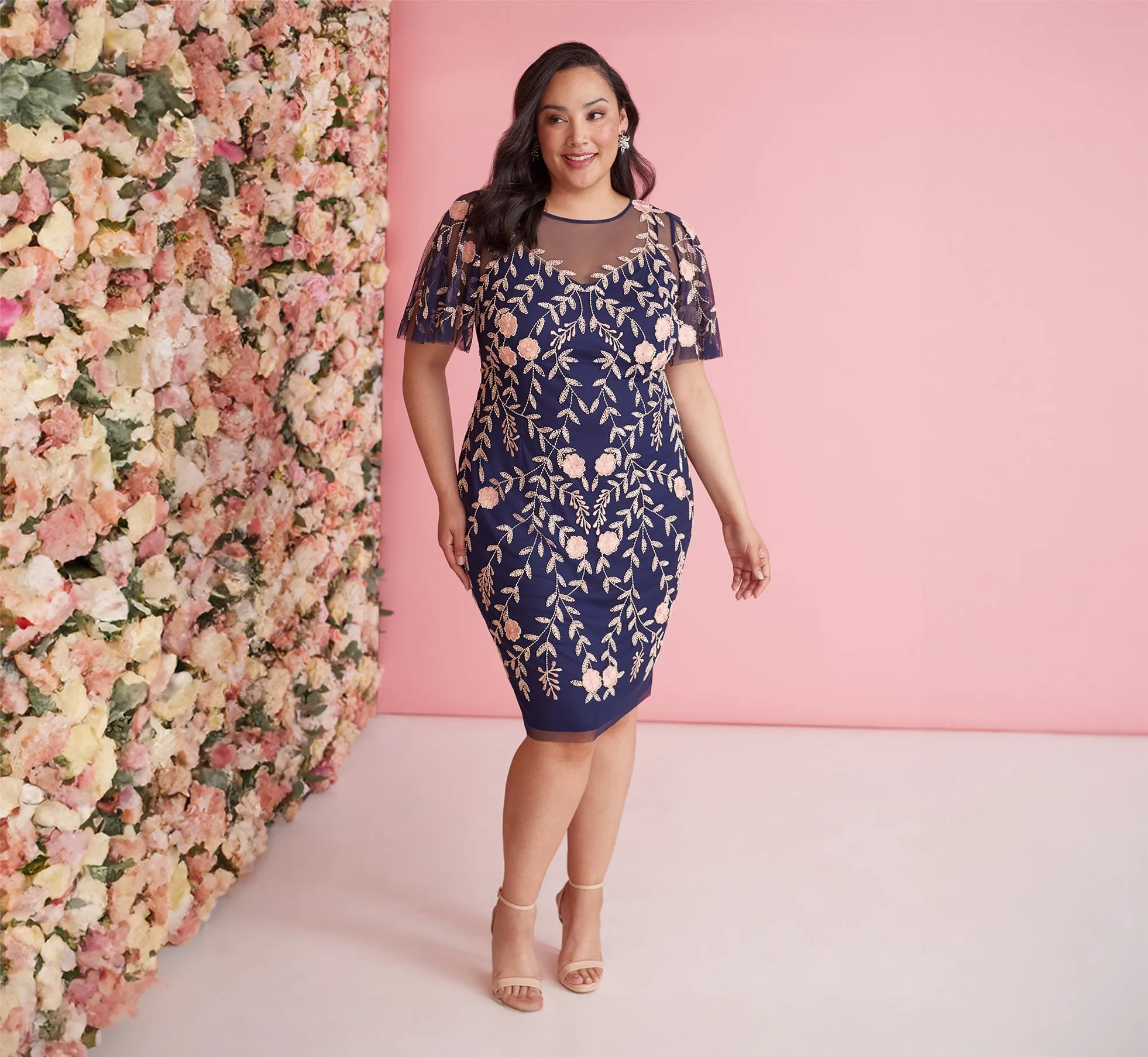 Plus Size Floral Beaded Dress With Sheer Flutter Sleeves In Navy Blush sold by Adrianna Papell