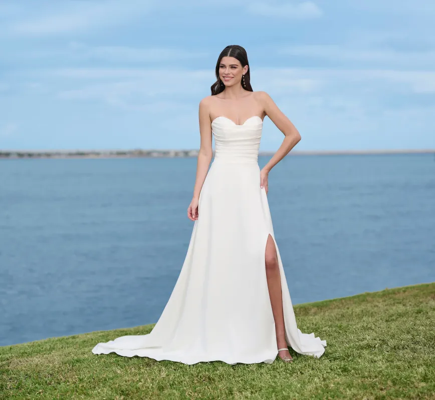 Stretch Crepe A-Line Gown With High Slit In Ivory sold by Adrianna Papell