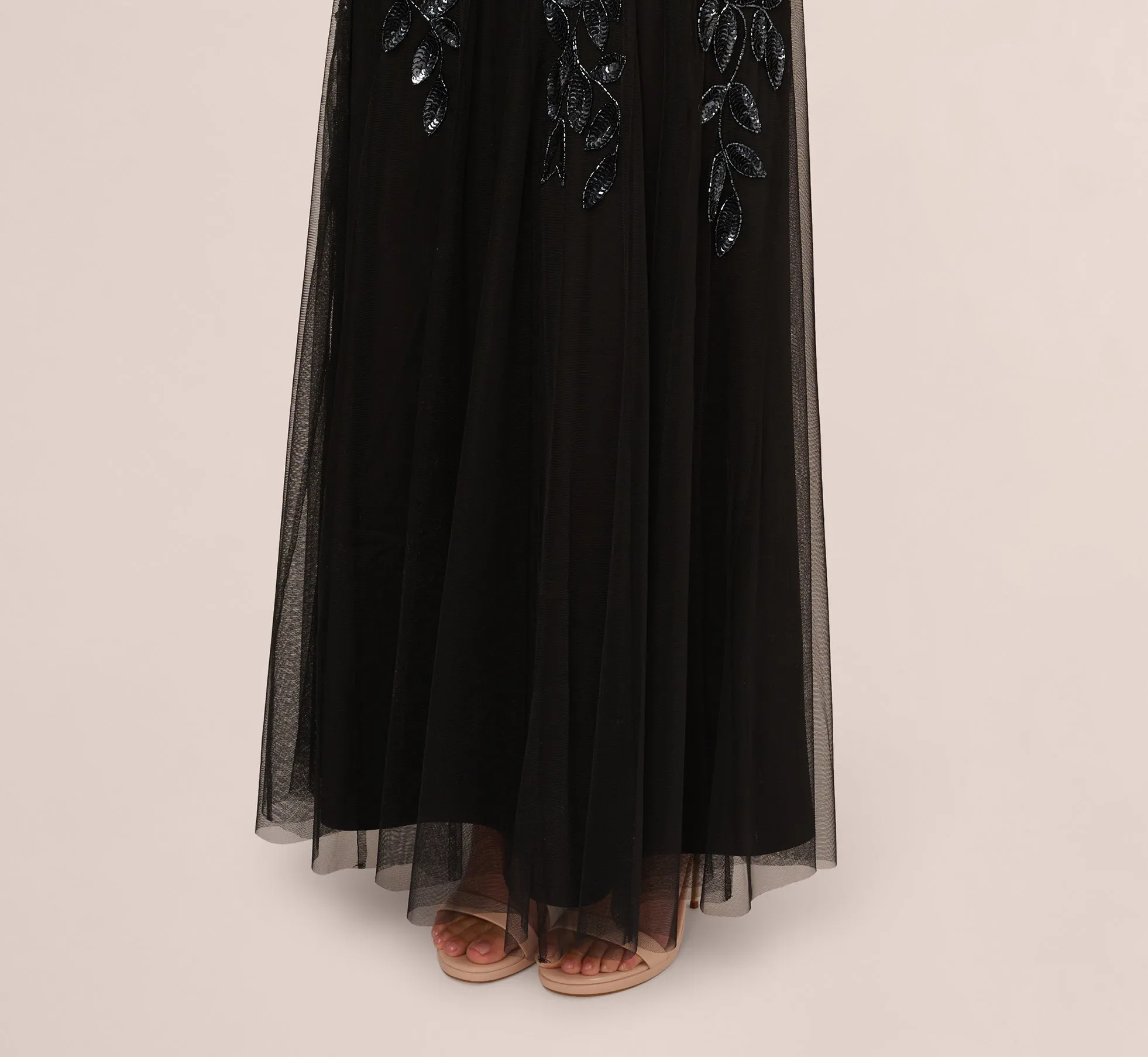 Hand Beaded Short Sleeve Floral Godet Gown In Black Gunmetal sold by Adrianna Papell product image thumbnail 4