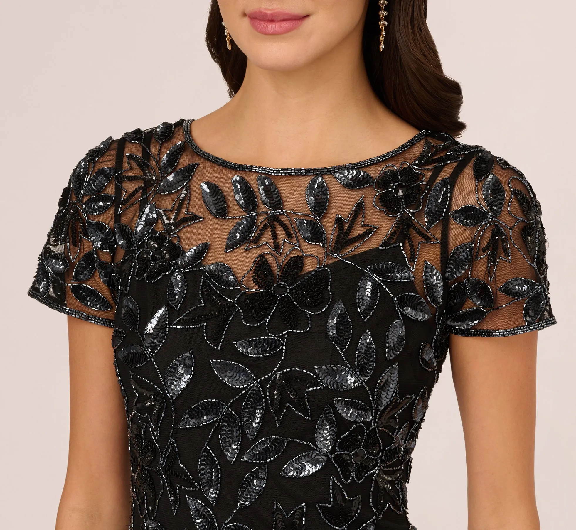 Hand Beaded Short Sleeve Floral Godet Gown In Black Gunmetal sold by Adrianna Papell product image thumbnail 3