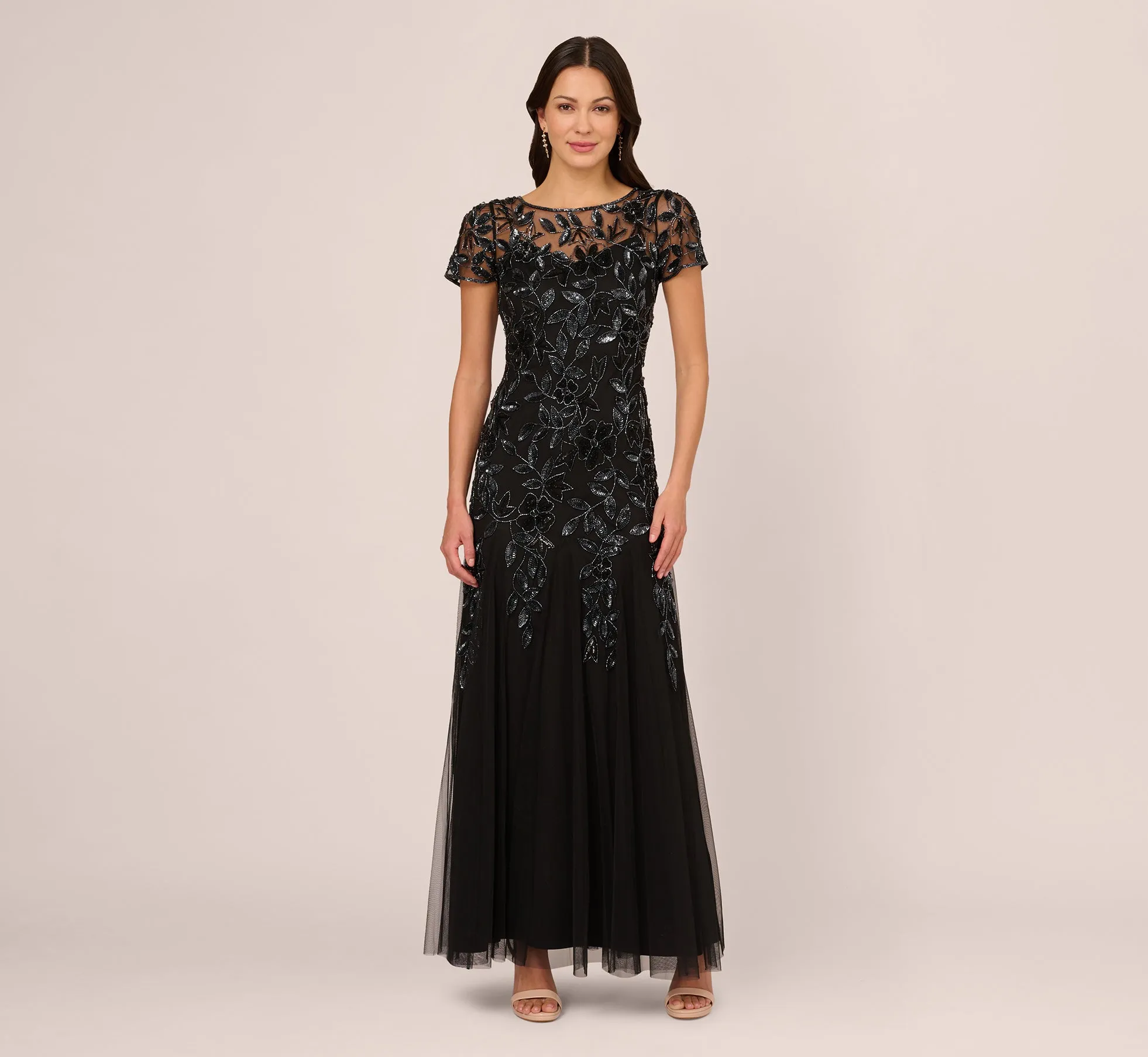 Hand Beaded Short Sleeve Floral Godet Gown In Black Gunmetal sold by Adrianna Papell