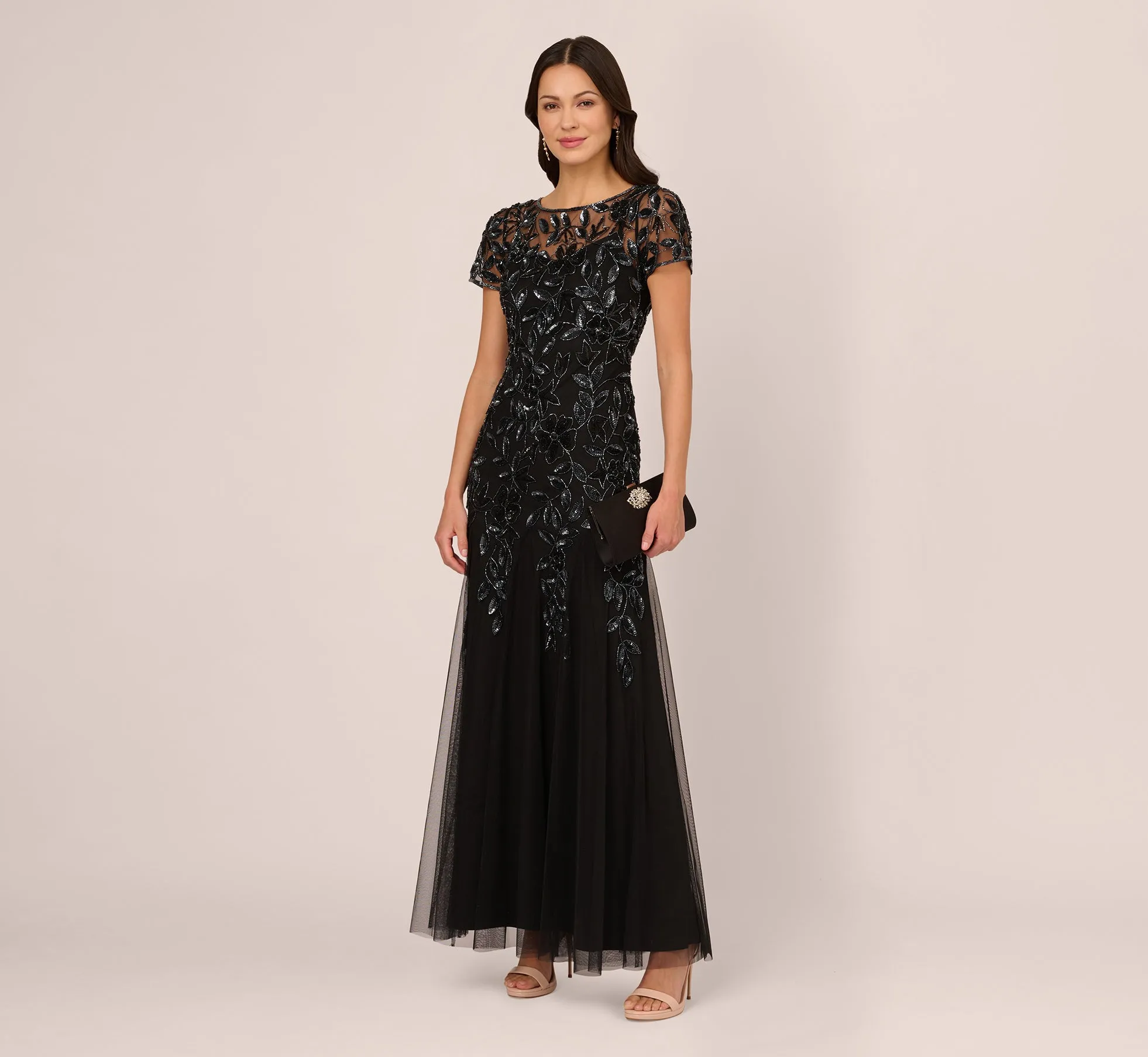Hand Beaded Short Sleeve Floral Godet Gown In Black Gunmetal sold by Adrianna Papell product image thumbnail 2