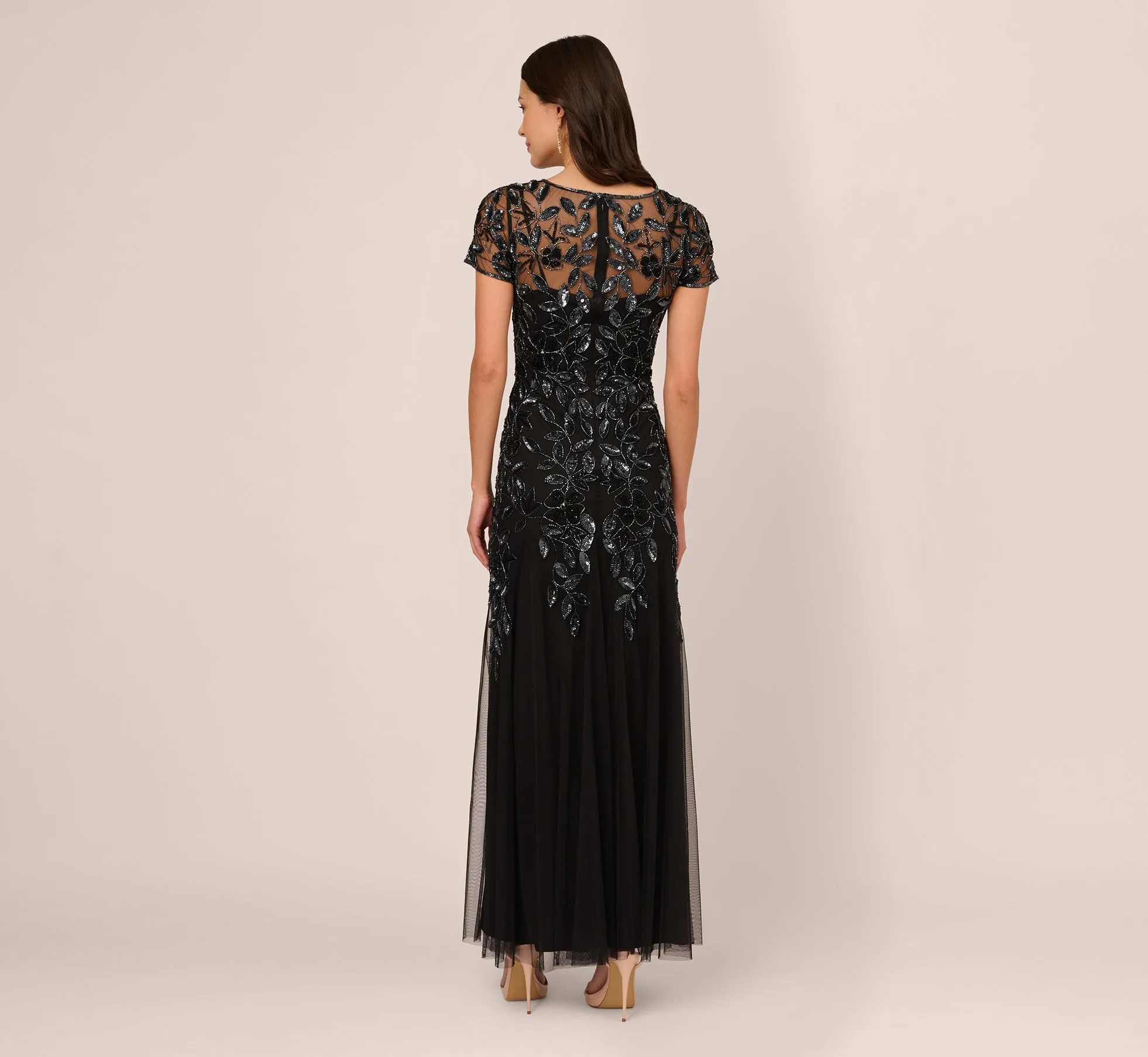 Hand Beaded Short Sleeve Floral Godet Gown In Black Gunmetal sold by Adrianna Papell product image thumbnail 5