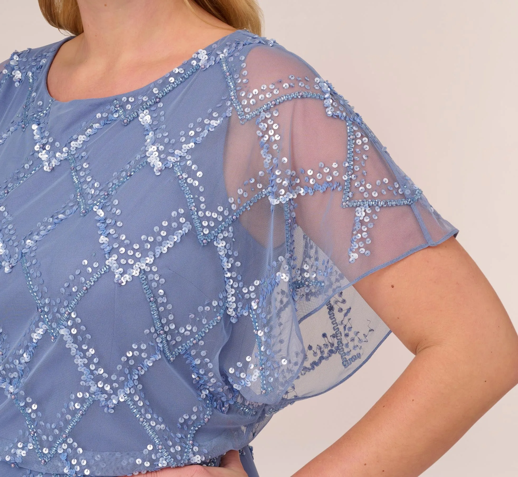 Plus Size Hand-Beaded Blouson Long Gown With Flutter Sleeves In French Blue sold by Adrianna Papell product image thumbnail 3