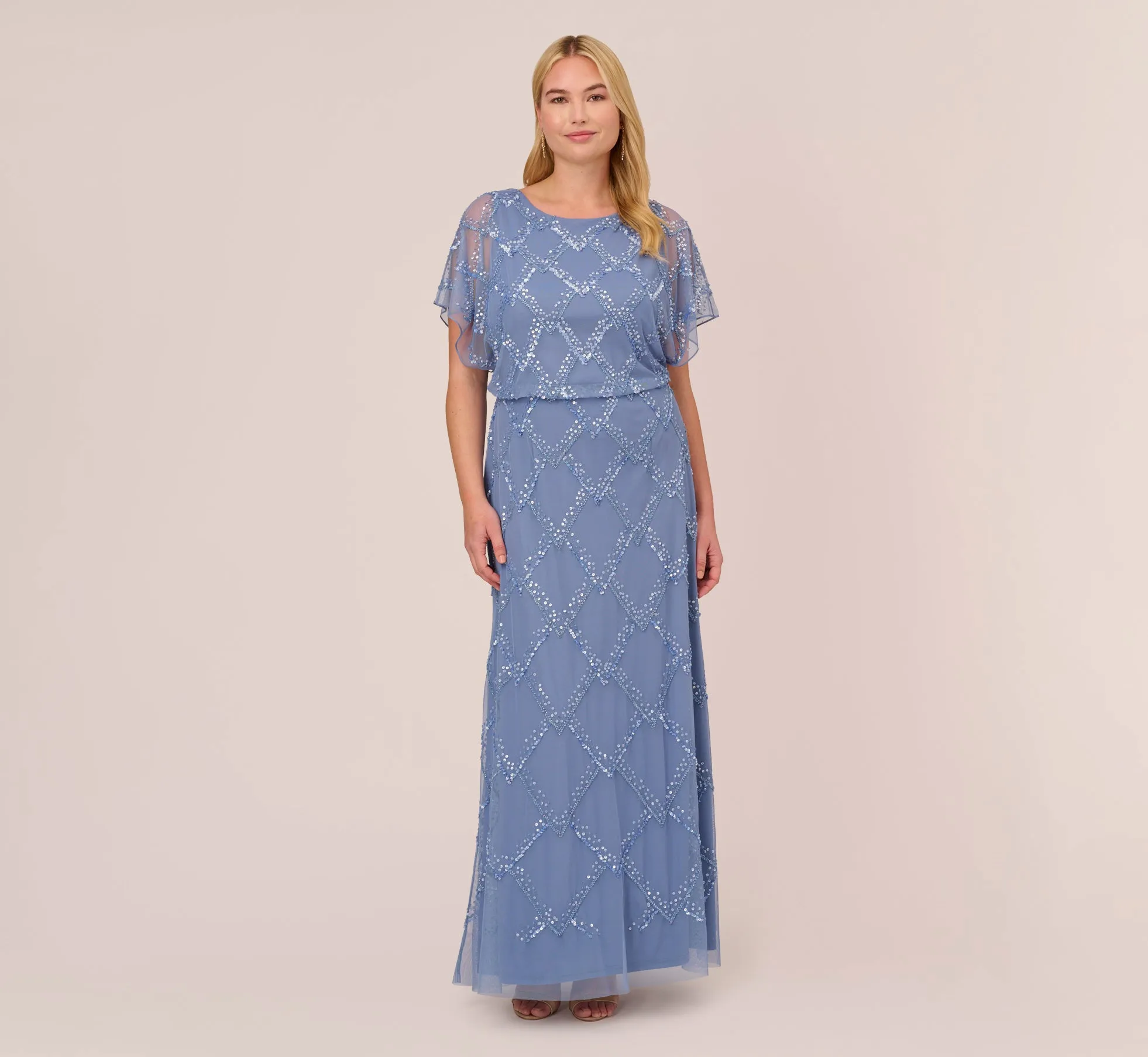 Plus Size Hand-Beaded Blouson Long Gown With Flutter Sleeves In French Blue sold by Adrianna Papell product image thumbnail 2