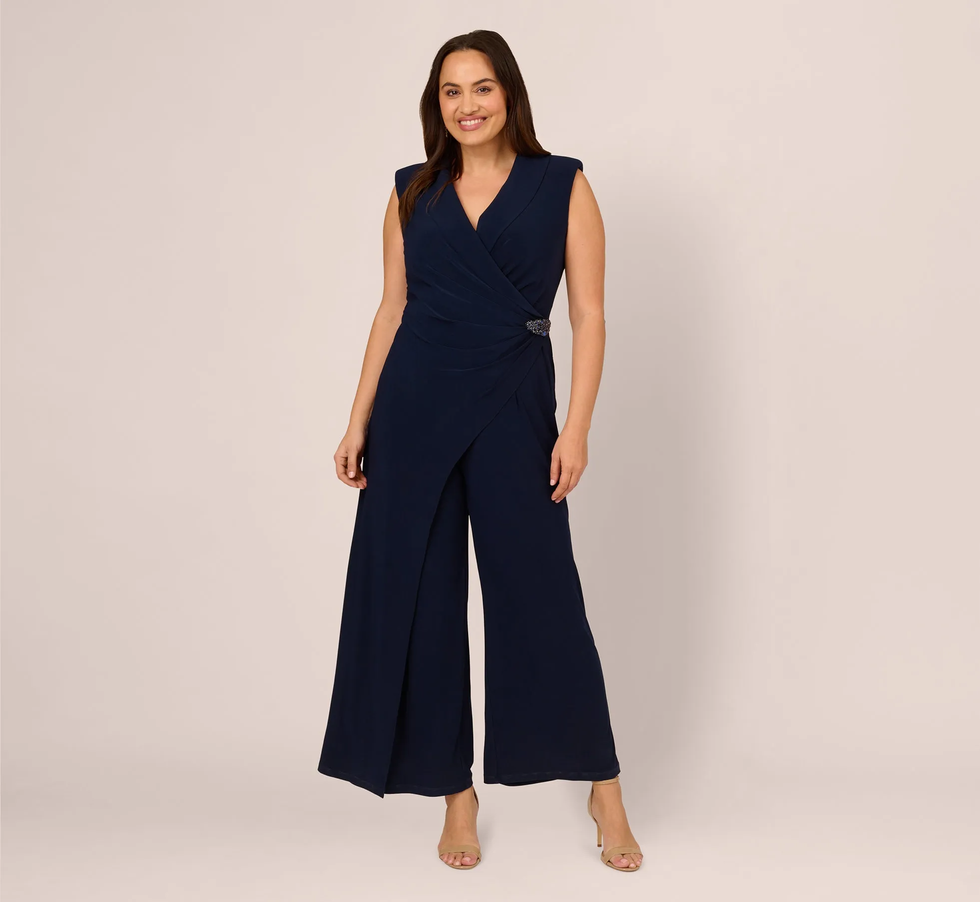 Plus Size Sleeveless Jersey Wide Leg Jumpsuit With Shawl Neckline In Midnight sold by Adrianna Papell