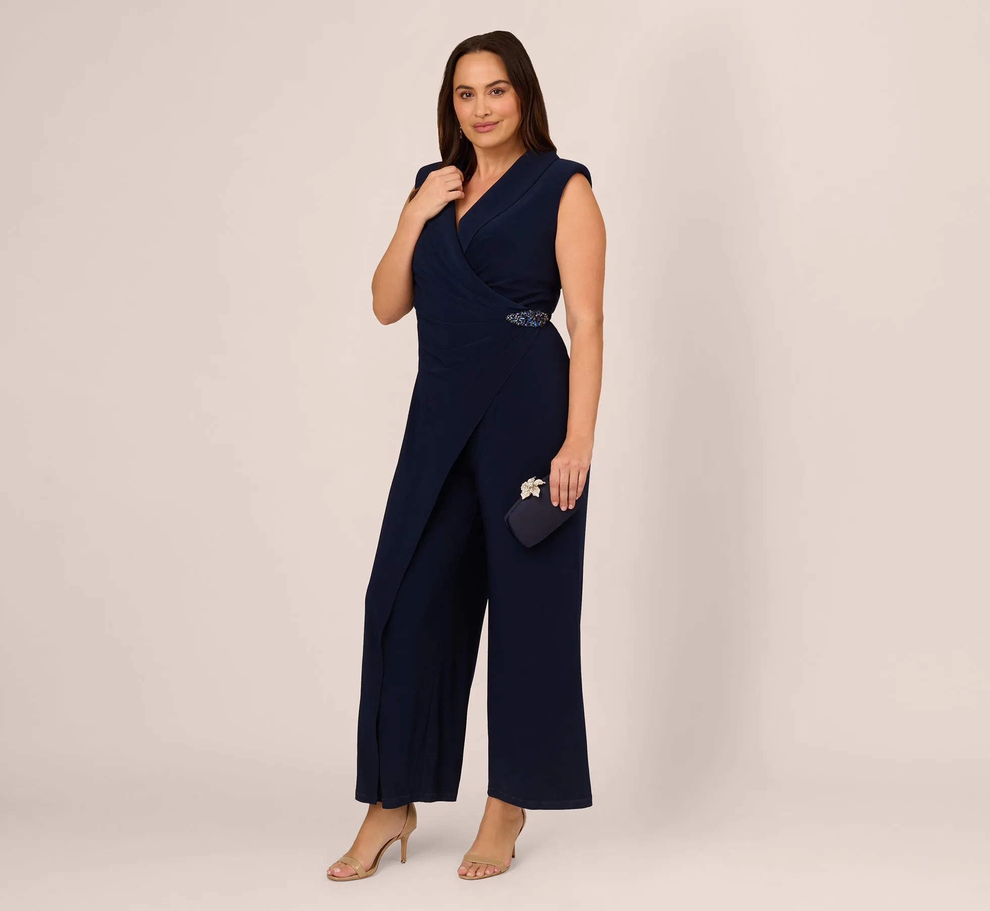 Plus Size Sleeveless Jersey Wide Leg Jumpsuit With Shawl Neckline In Midnight sold by Adrianna Papell product image thumbnail 2