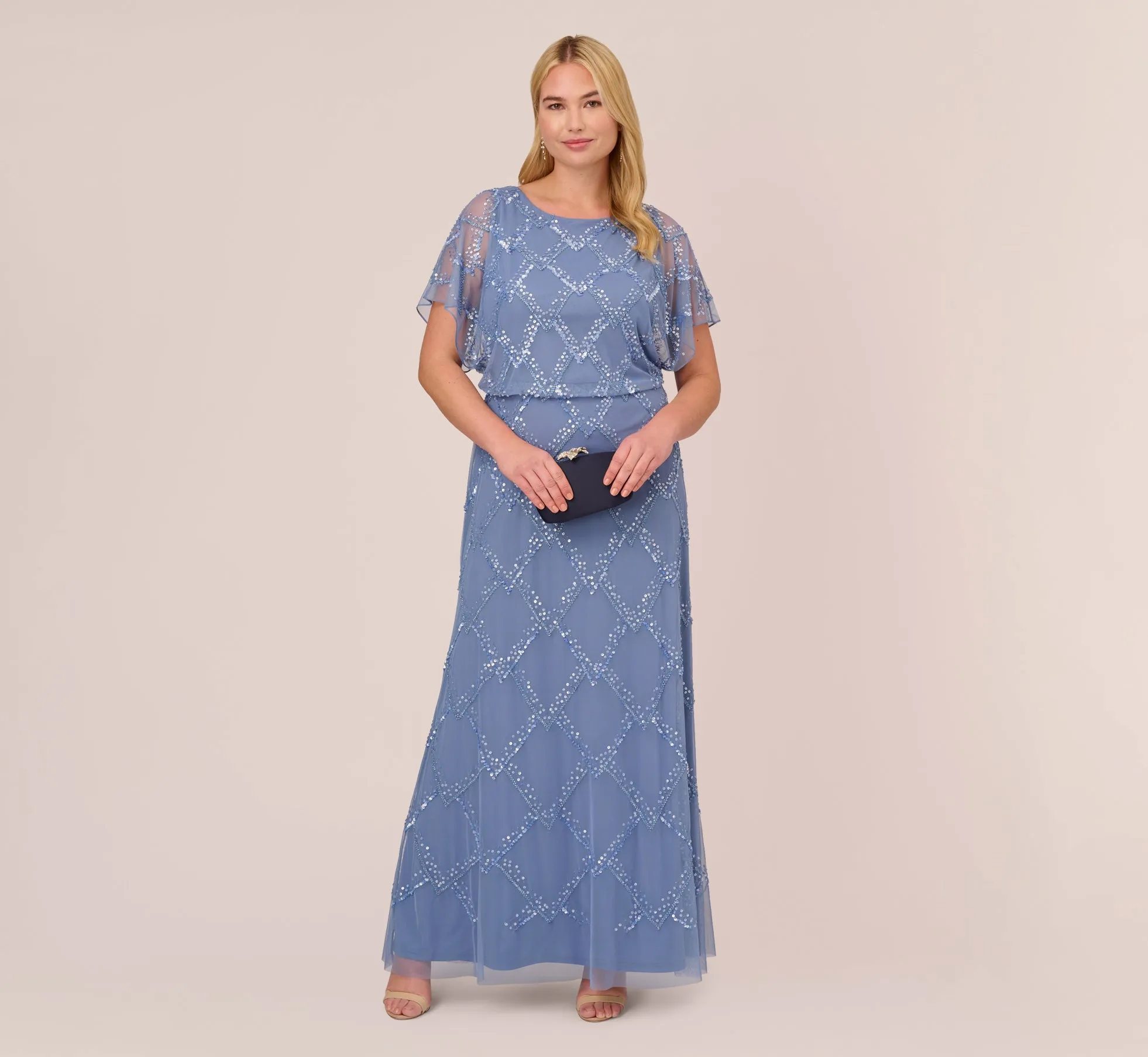 Plus Size Hand-Beaded Blouson Long Gown With Flutter Sleeves In French Blue sold by Adrianna Papell