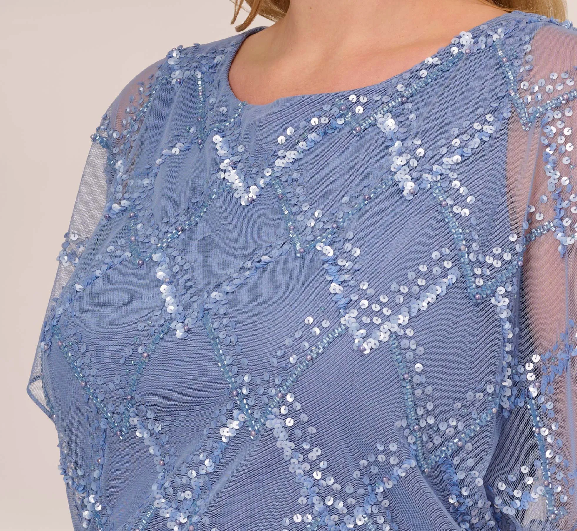 Plus Size Hand-Beaded Blouson Long Gown With Flutter Sleeves In French Blue sold by Adrianna Papell product image thumbnail 5
