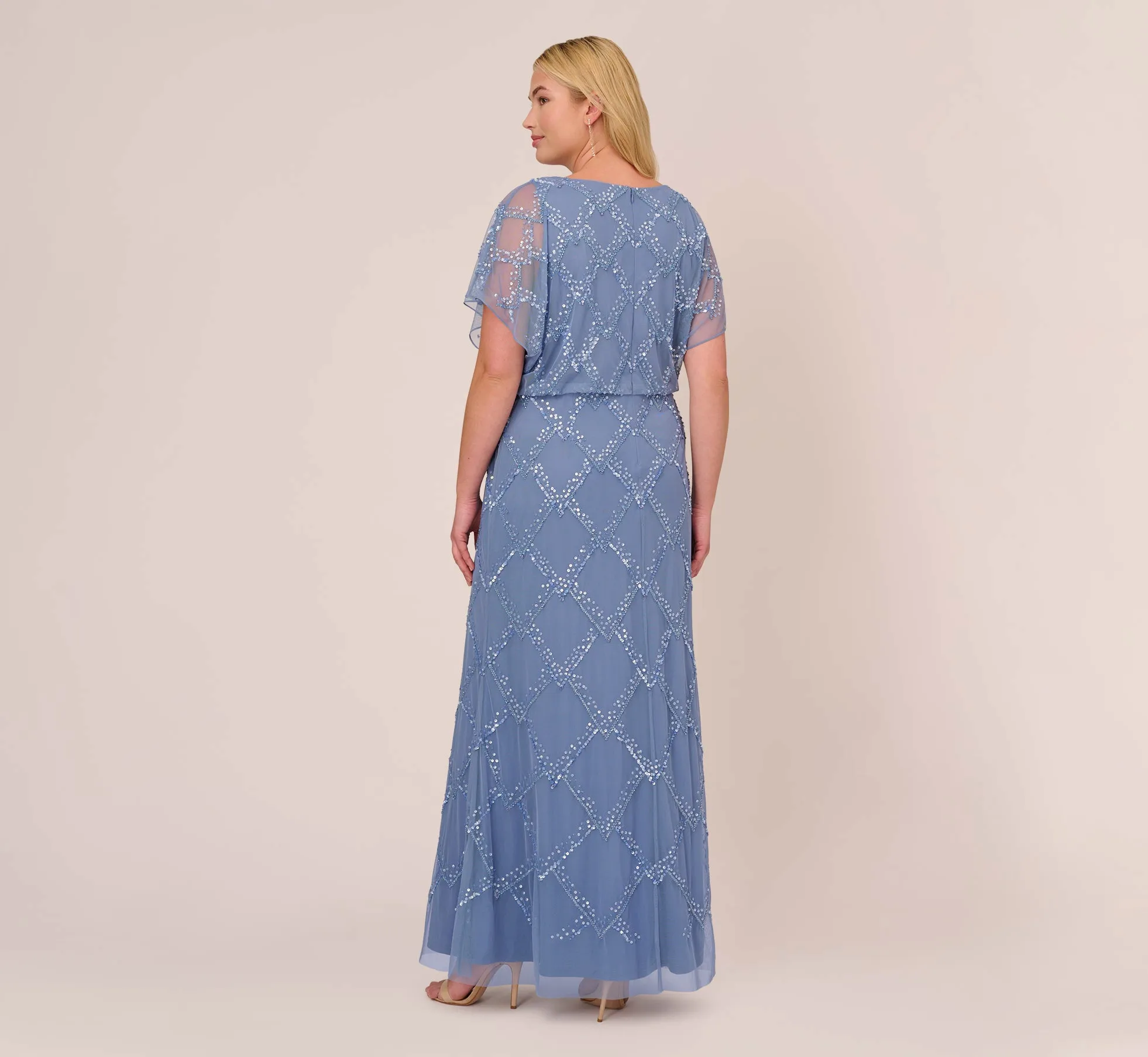 Plus Size Hand-Beaded Blouson Long Gown With Flutter Sleeves In French Blue sold by Adrianna Papell product image thumbnail 4